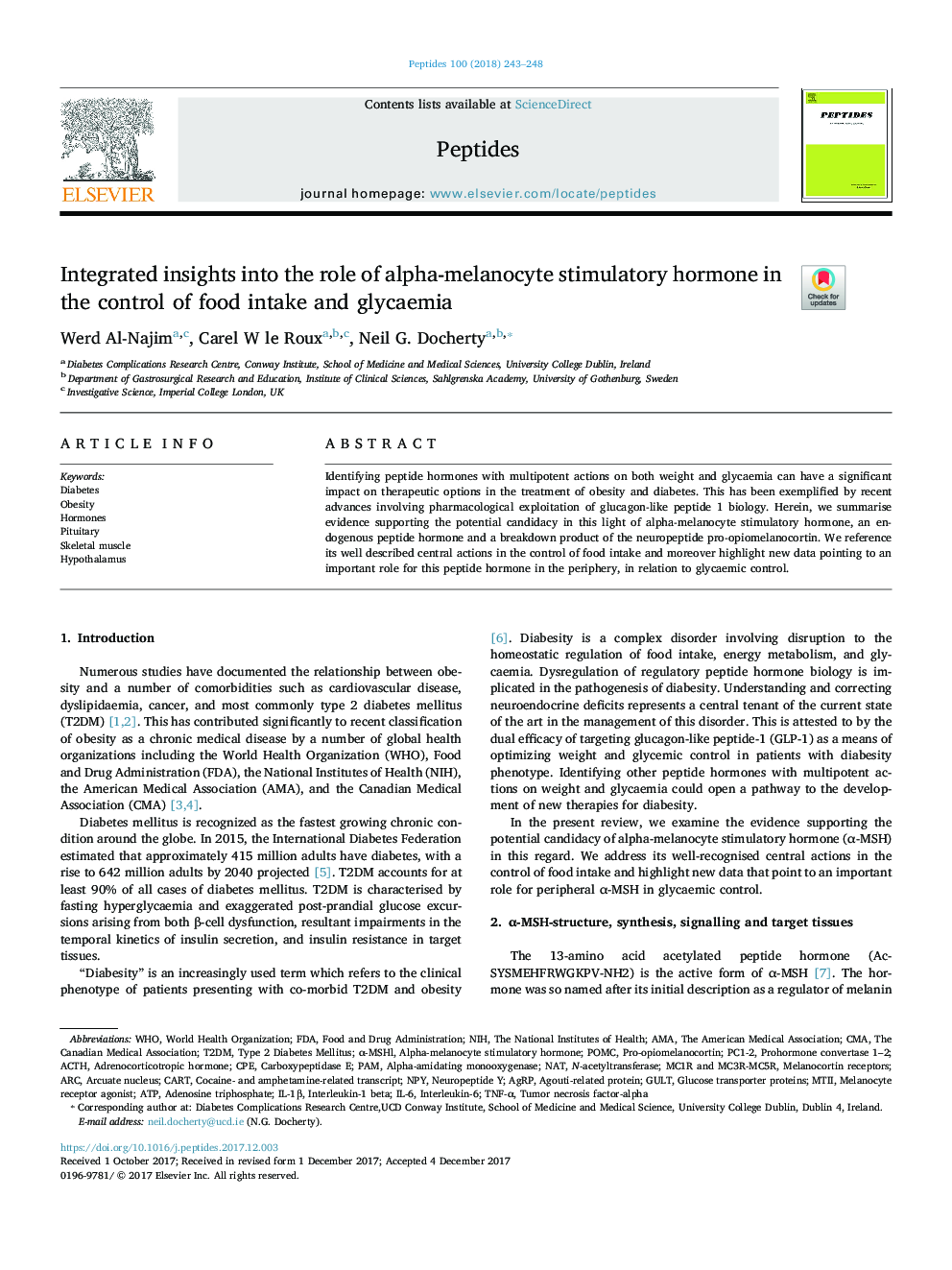 Integrated insights into the role of alpha-melanocyte stimulatory hormone in the control of food intake and glycaemia