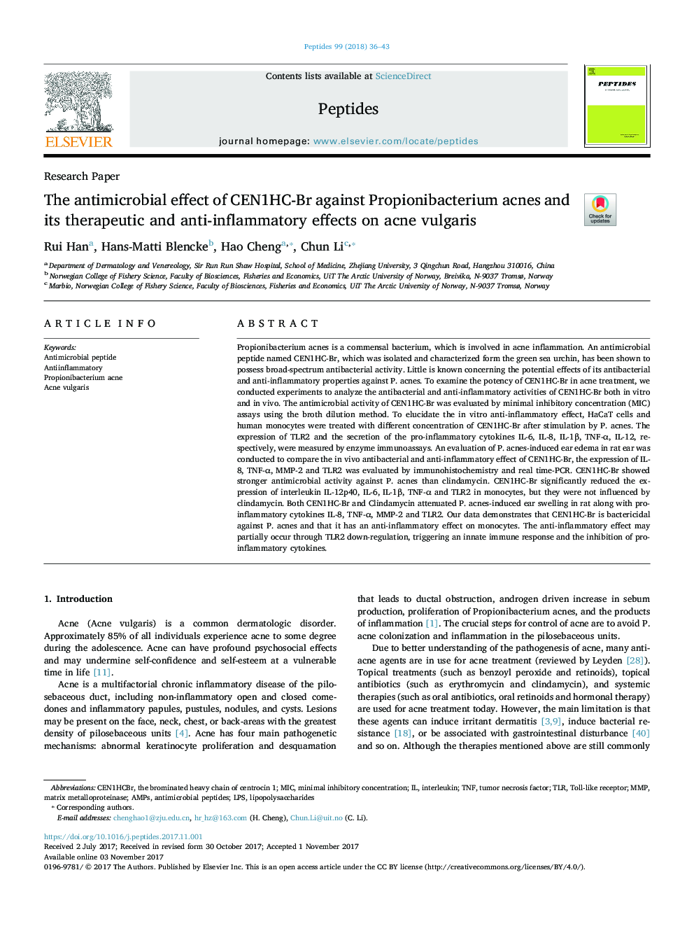 The antimicrobial effect of CEN1HC-Br against Propionibacterium acnes and its therapeutic and anti-inflammatory effects on acne vulgaris