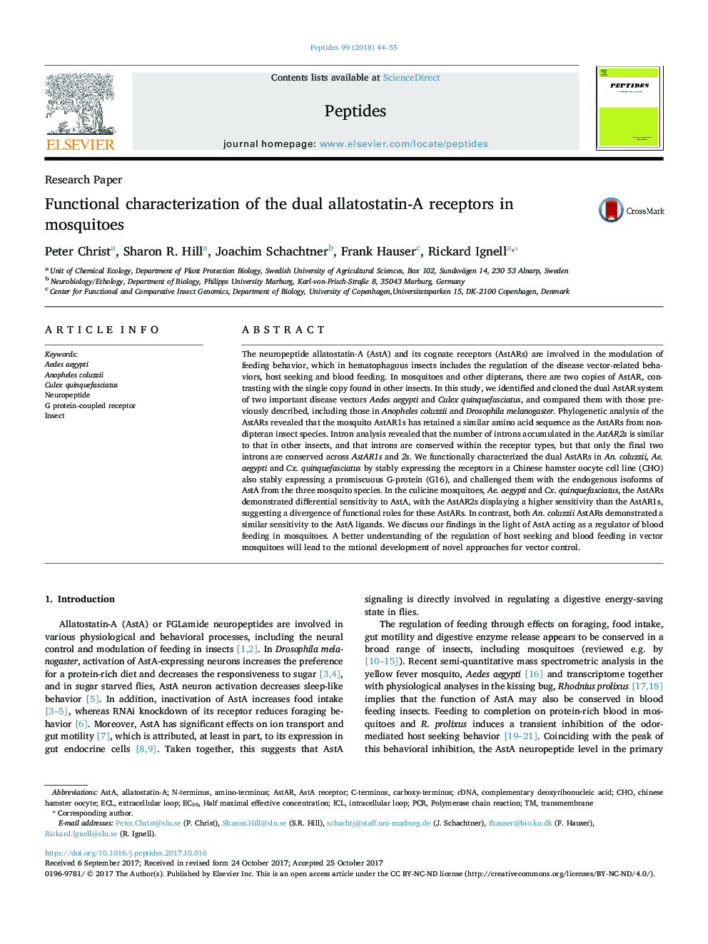 Functional characterization of the dual allatostatin-A receptors in mosquitoes