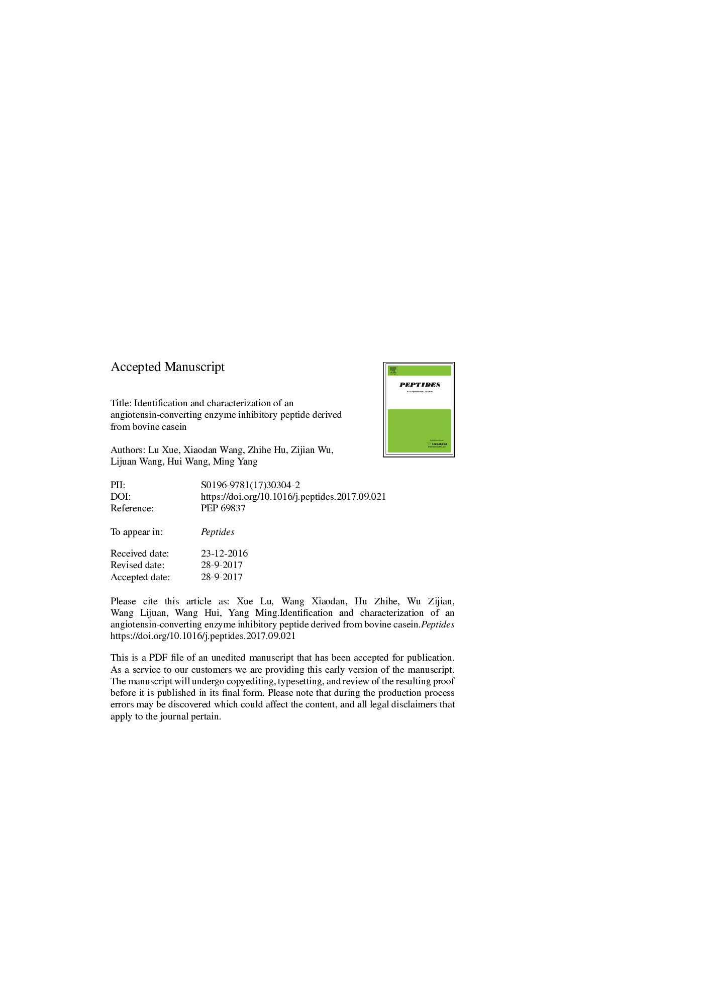 Identification and characterization of an angiotensin-converting enzyme inhibitory peptide derived from bovine casein