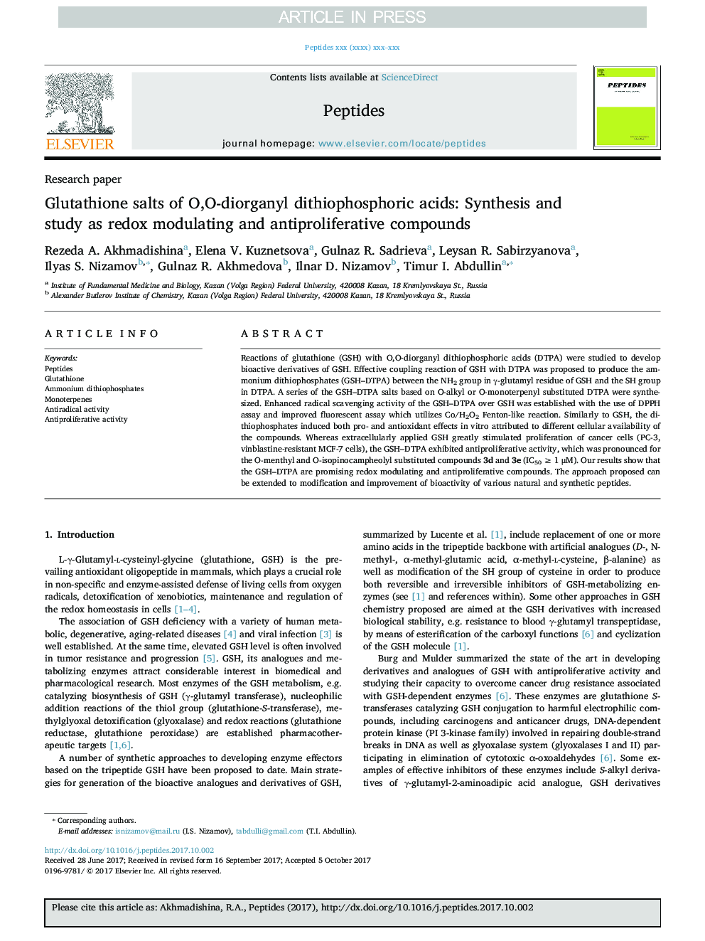 Glutathione salts of O,O-diorganyl dithiophosphoric acids: Synthesis and study as redox modulating and antiproliferative compounds