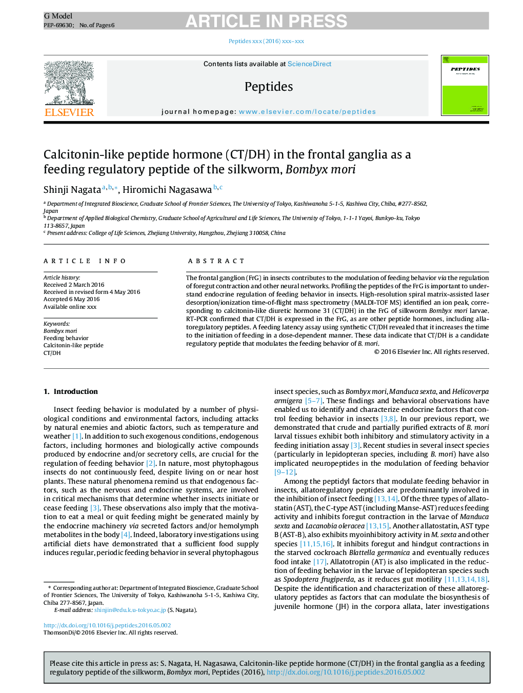 Calcitonin-like peptide hormone (CT/DH) in the frontal ganglia as a feeding regulatory peptide of the silkworm, Bombyx mori