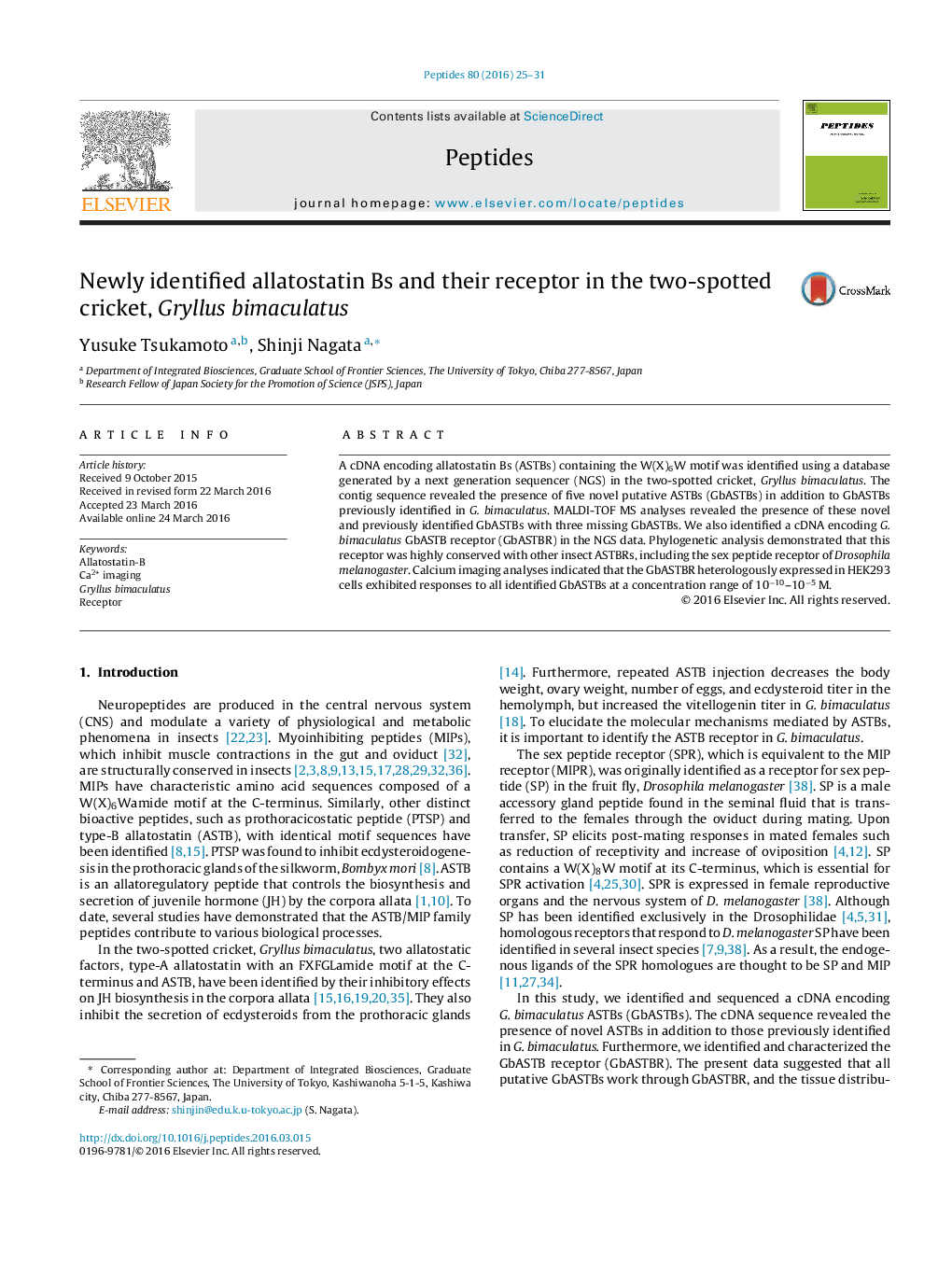 Newly identified allatostatin Bs and their receptor in the two-spotted cricket, Gryllus bimaculatus