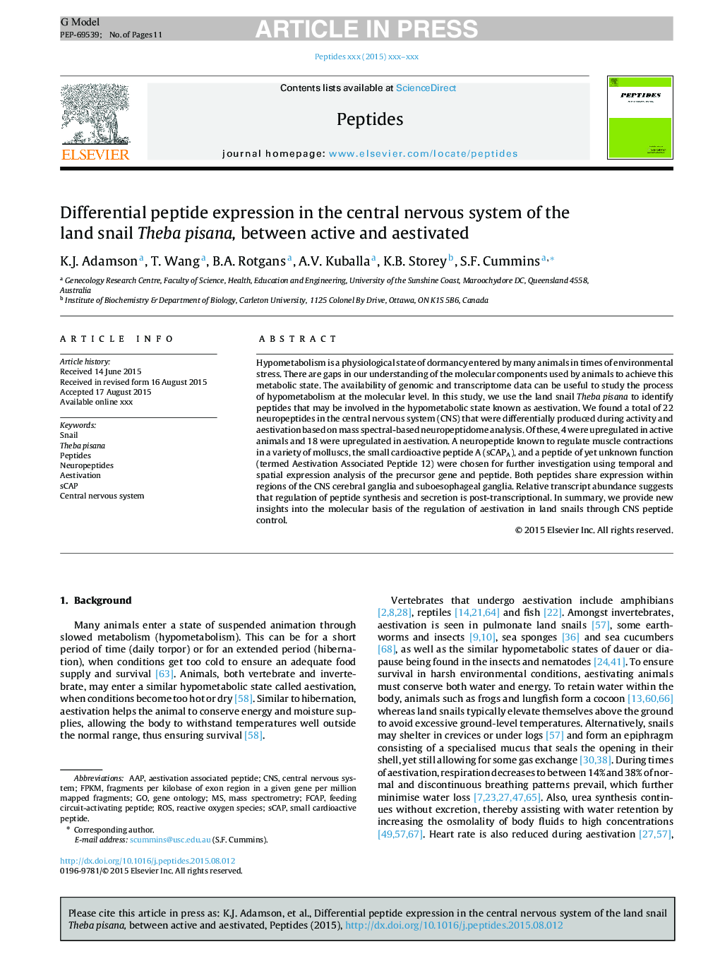 Differential peptide expression in the central nervous system of the land snail Theba pisana, between active and aestivated
