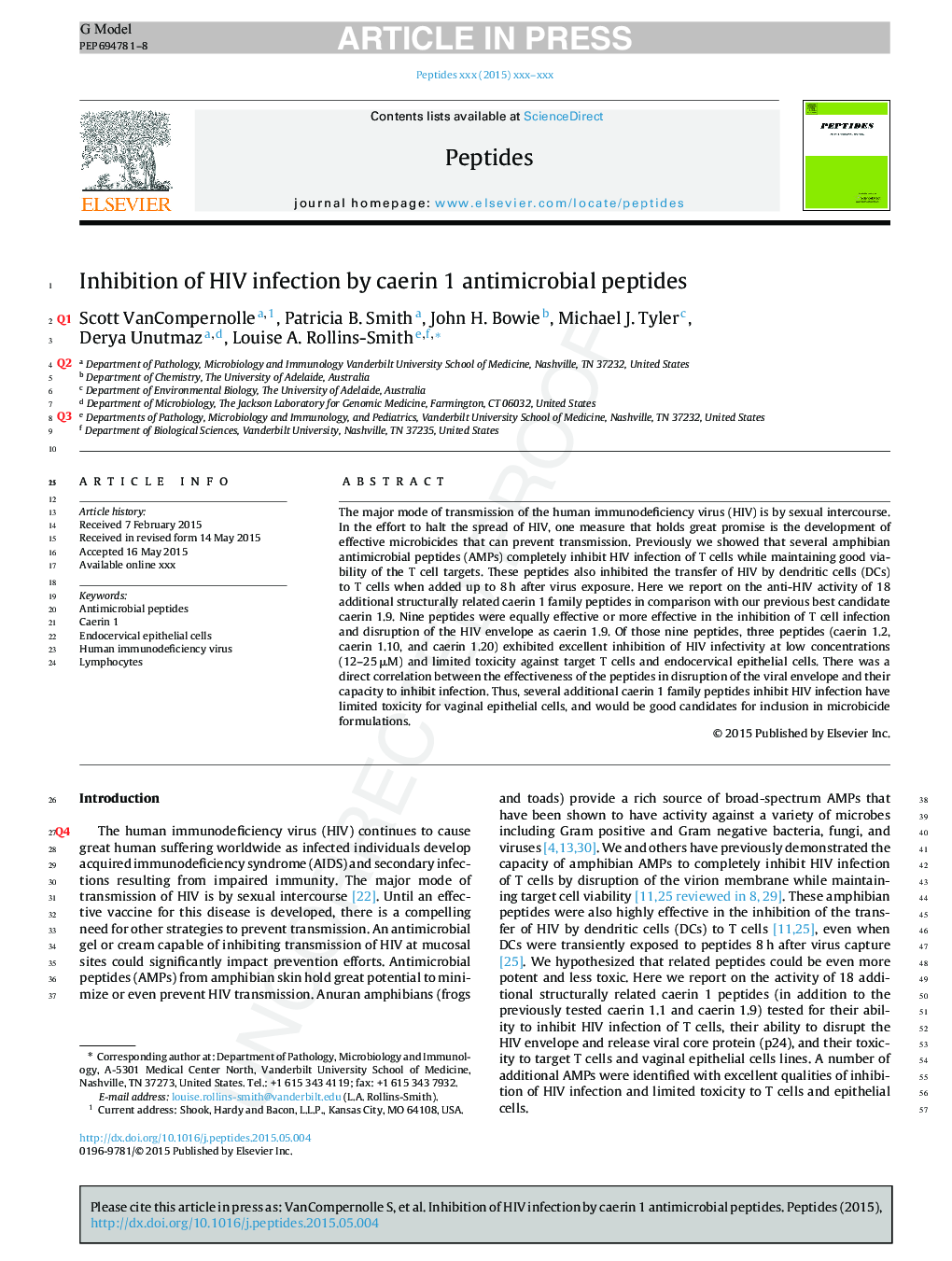 Inhibition of HIV infection by caerin 1 antimicrobial peptides