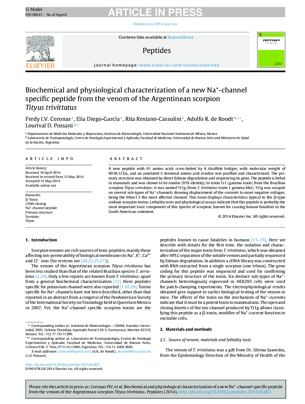 Biochemical and physiological characterization of a new Na+-channel specific peptide from the venom of the Argentinean scorpion Tityus trivittatus