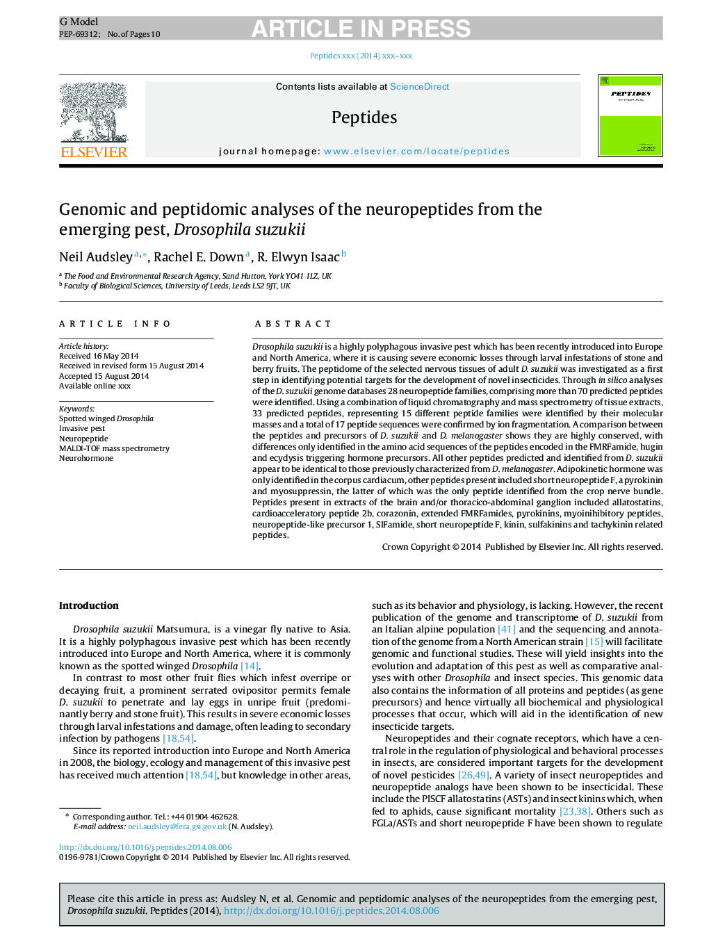 Genomic and peptidomic analyses of the neuropeptides from the emerging pest, Drosophila suzukii