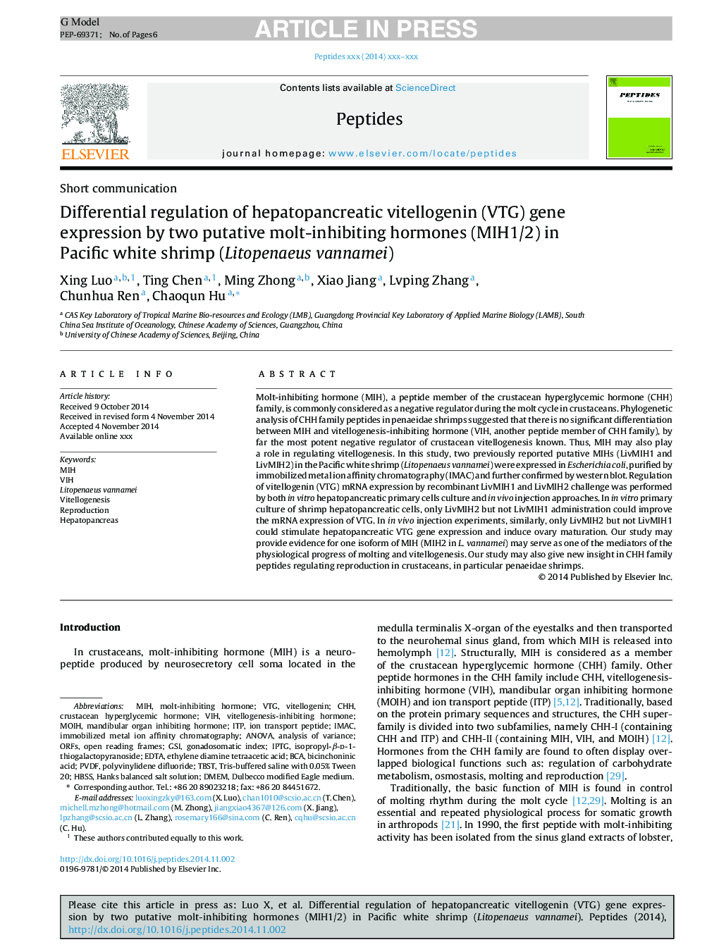 Differential regulation of hepatopancreatic vitellogenin (VTG) gene expression by two putative molt-inhibiting hormones (MIH1/2) in Pacific white shrimp (Litopenaeus vannamei)