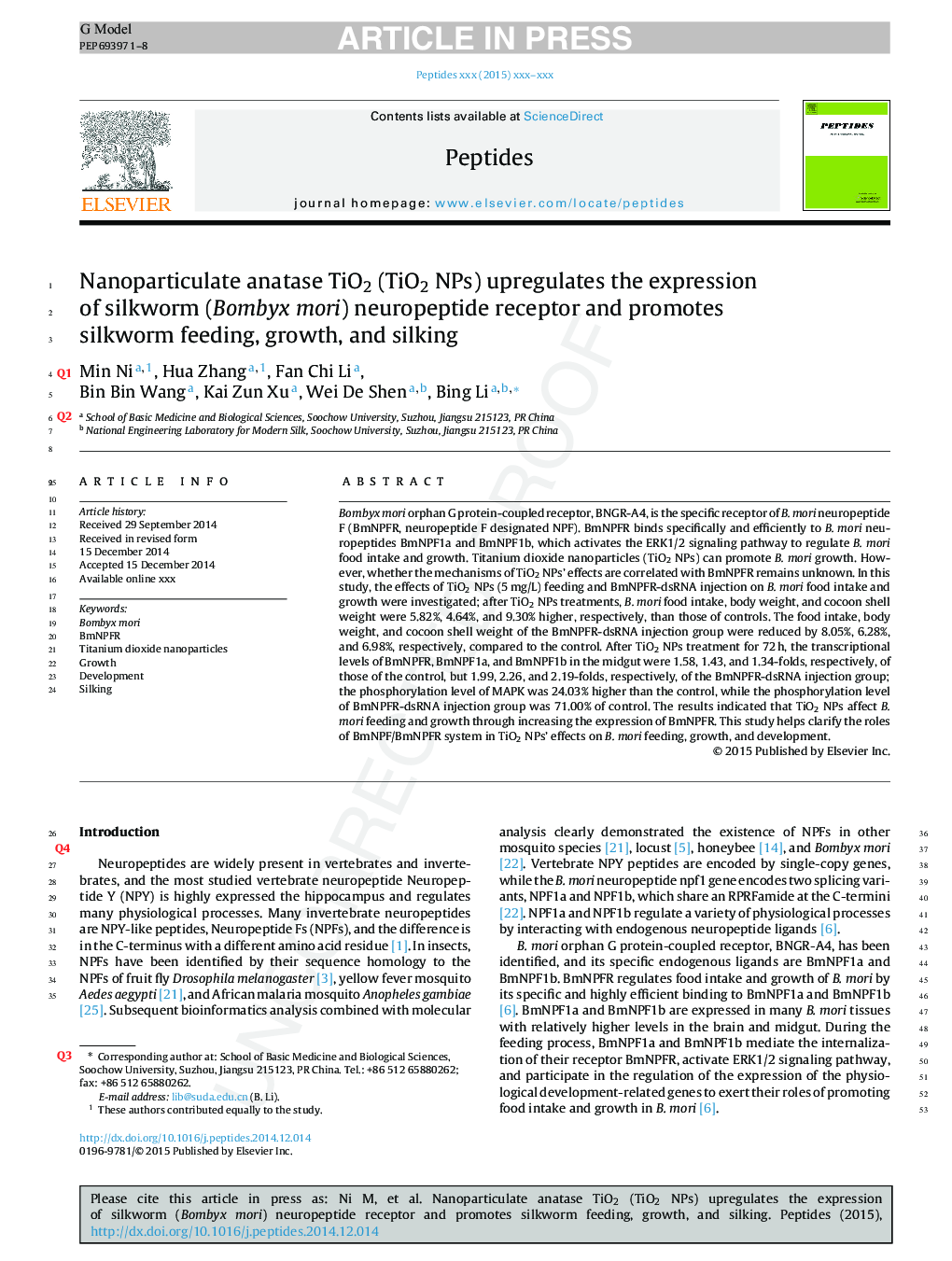 Nanoparticulate anatase TiO2 (TiO2 NPs) upregulates the expression of silkworm (Bombyx mori) neuropeptide receptor and promotes silkworm feeding, growth, and silking