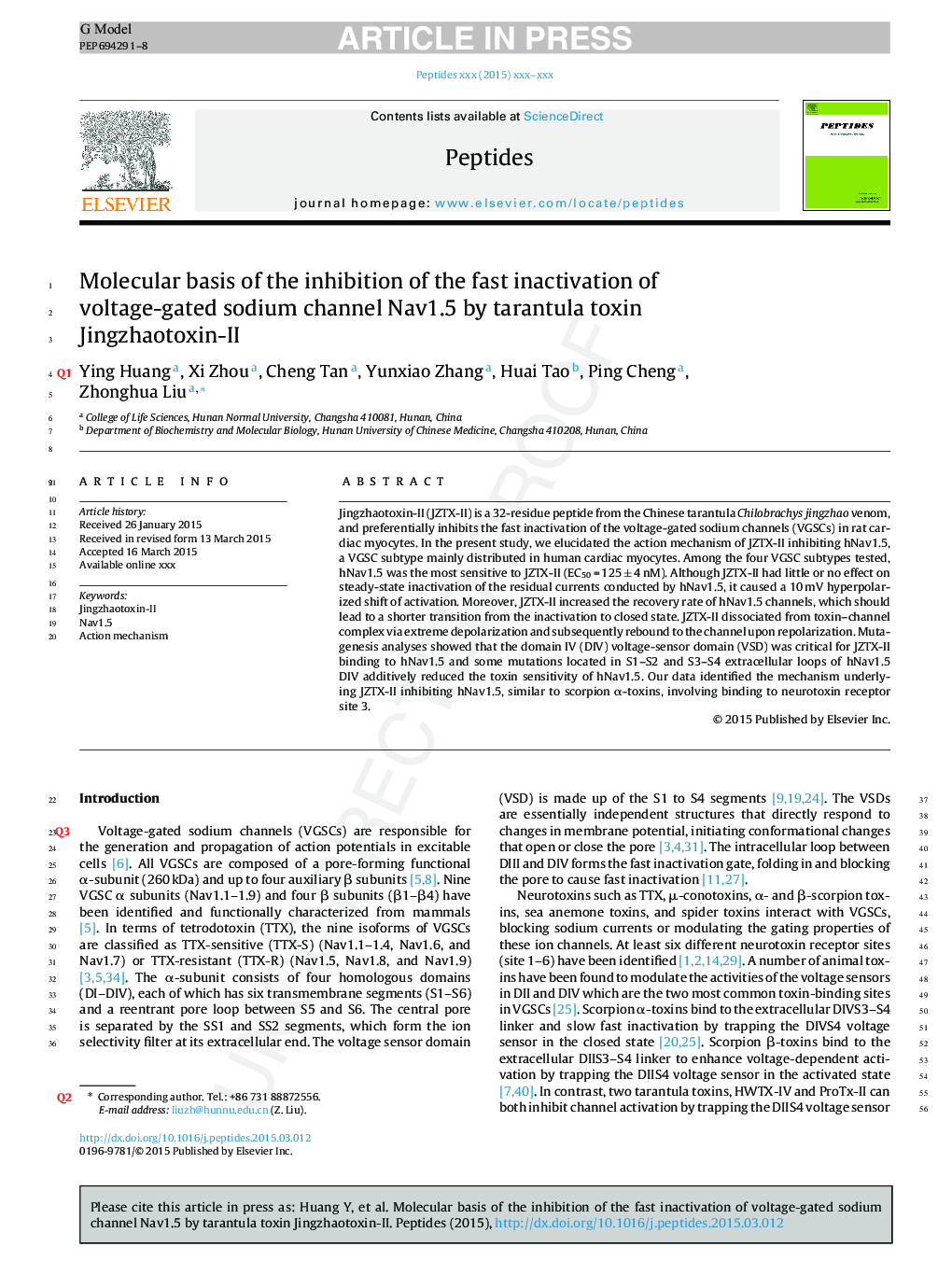 Molecular basis of the inhibition of the fast inactivation of voltage-gated sodium channel Nav1.5 by tarantula toxin Jingzhaotoxin-II