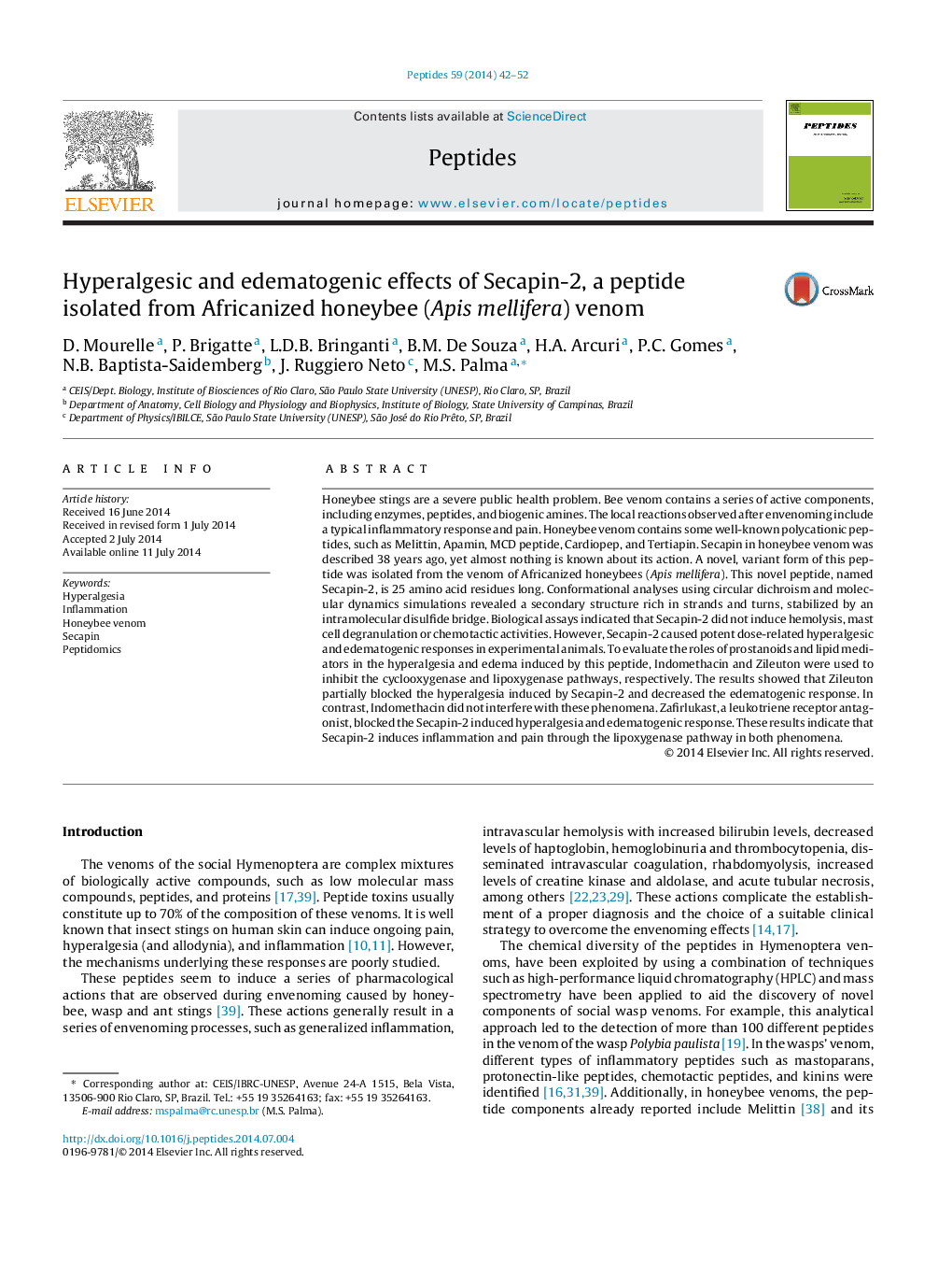 Hyperalgesic and edematogenic effects of Secapin-2, a peptide isolated from Africanized honeybee (Apis mellifera) venom