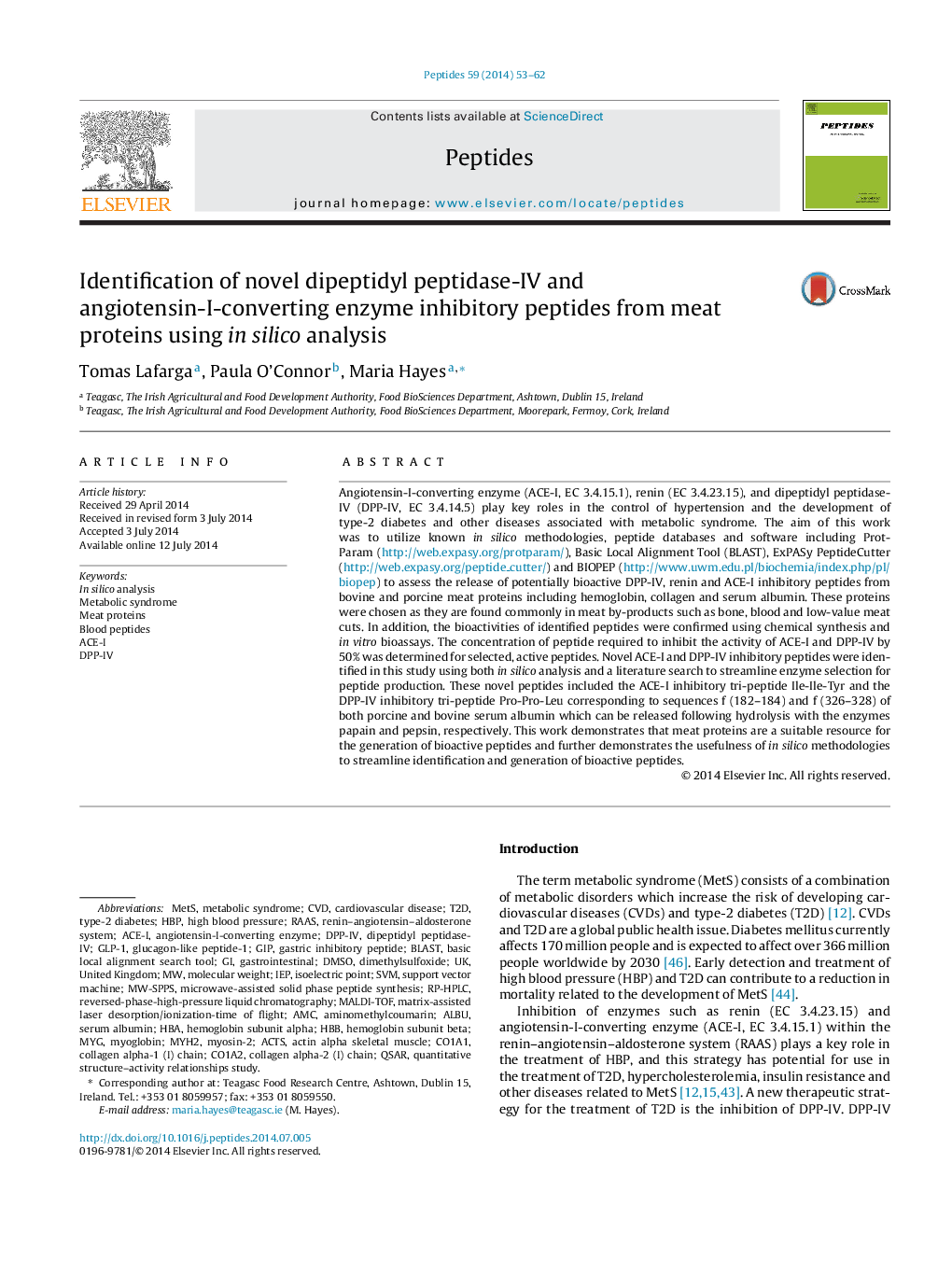 Identification of novel dipeptidyl peptidase-IV and angiotensin-I-converting enzyme inhibitory peptides from meat proteins using in silico analysis