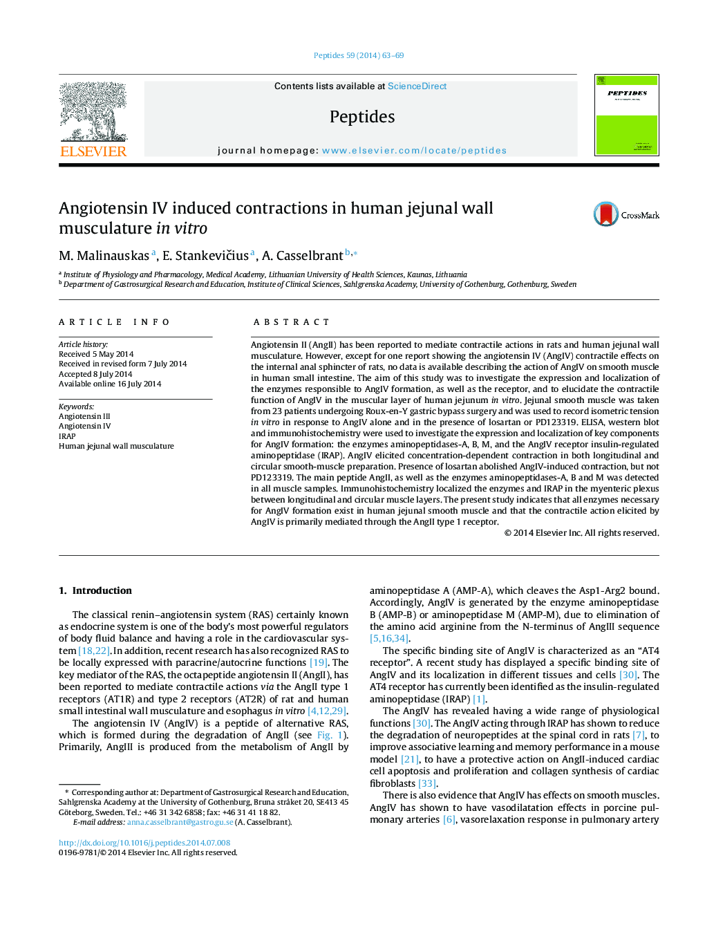 Angiotensin IV induced contractions in human jejunal wall musculature in vitro