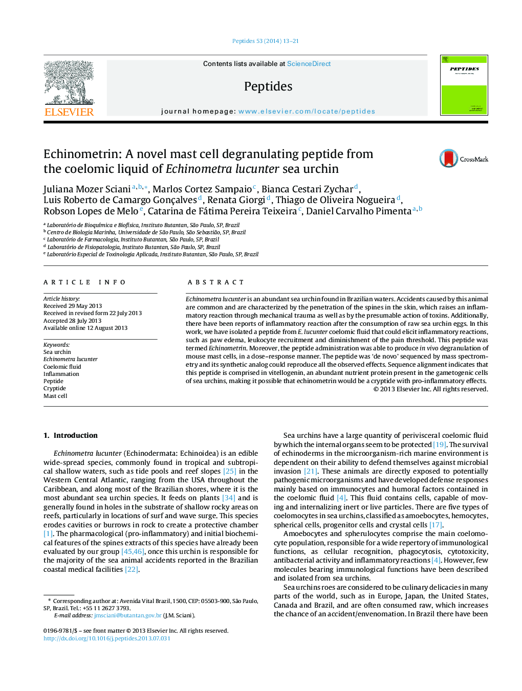 Echinometrin: A novel mast cell degranulating peptide from the coelomic liquid of Echinometra lucunter sea urchin