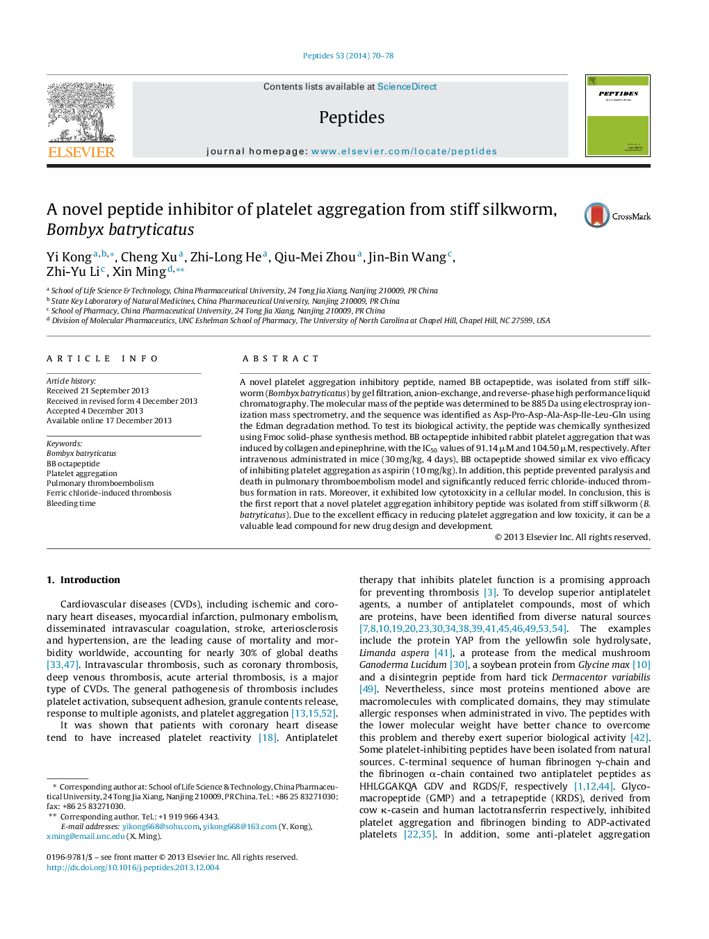 A novel peptide inhibitor of platelet aggregation from stiff silkworm, Bombyx batryticatus