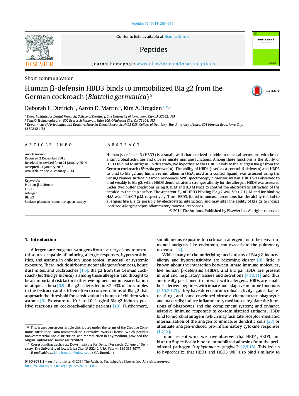 Human Î²-defensin HBD3 binds to immobilized Bla g2 from the German cockroach (Blattella germanica)