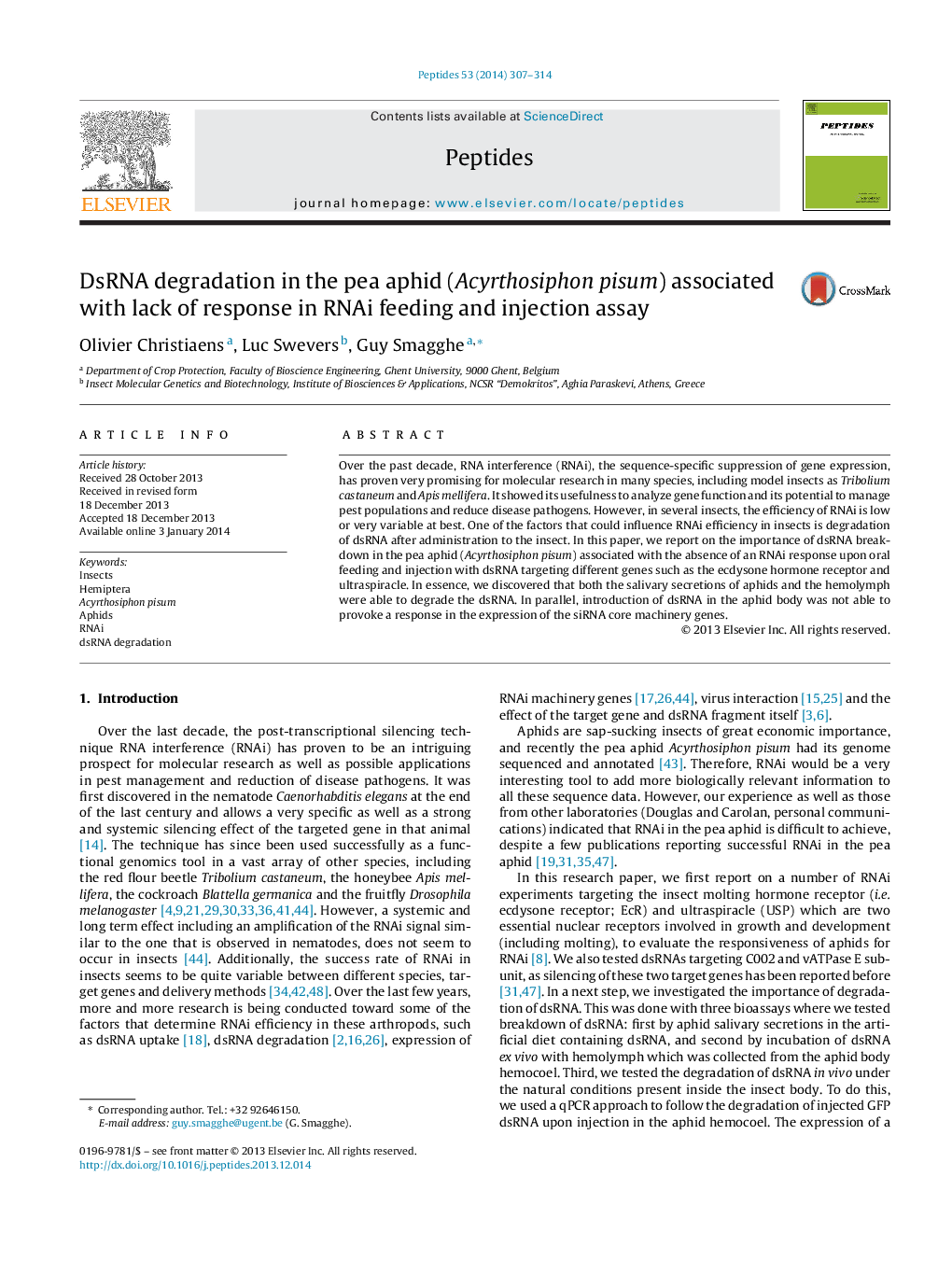 DsRNA degradation in the pea aphid (Acyrthosiphon pisum) associated with lack of response in RNAi feeding and injection assay