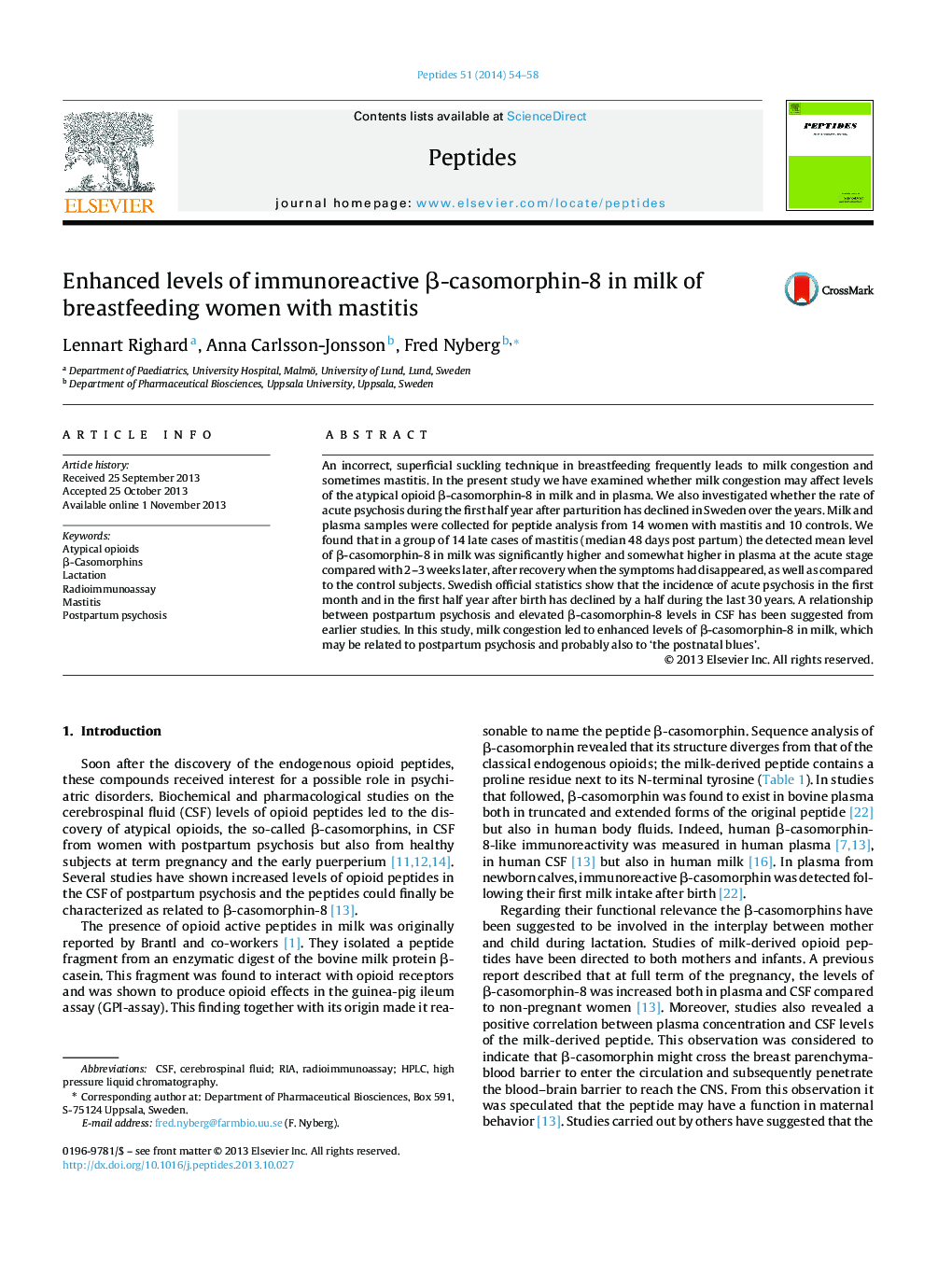 Enhanced levels of immunoreactive Î²-casomorphin-8 in milk of breastfeeding women with mastitis