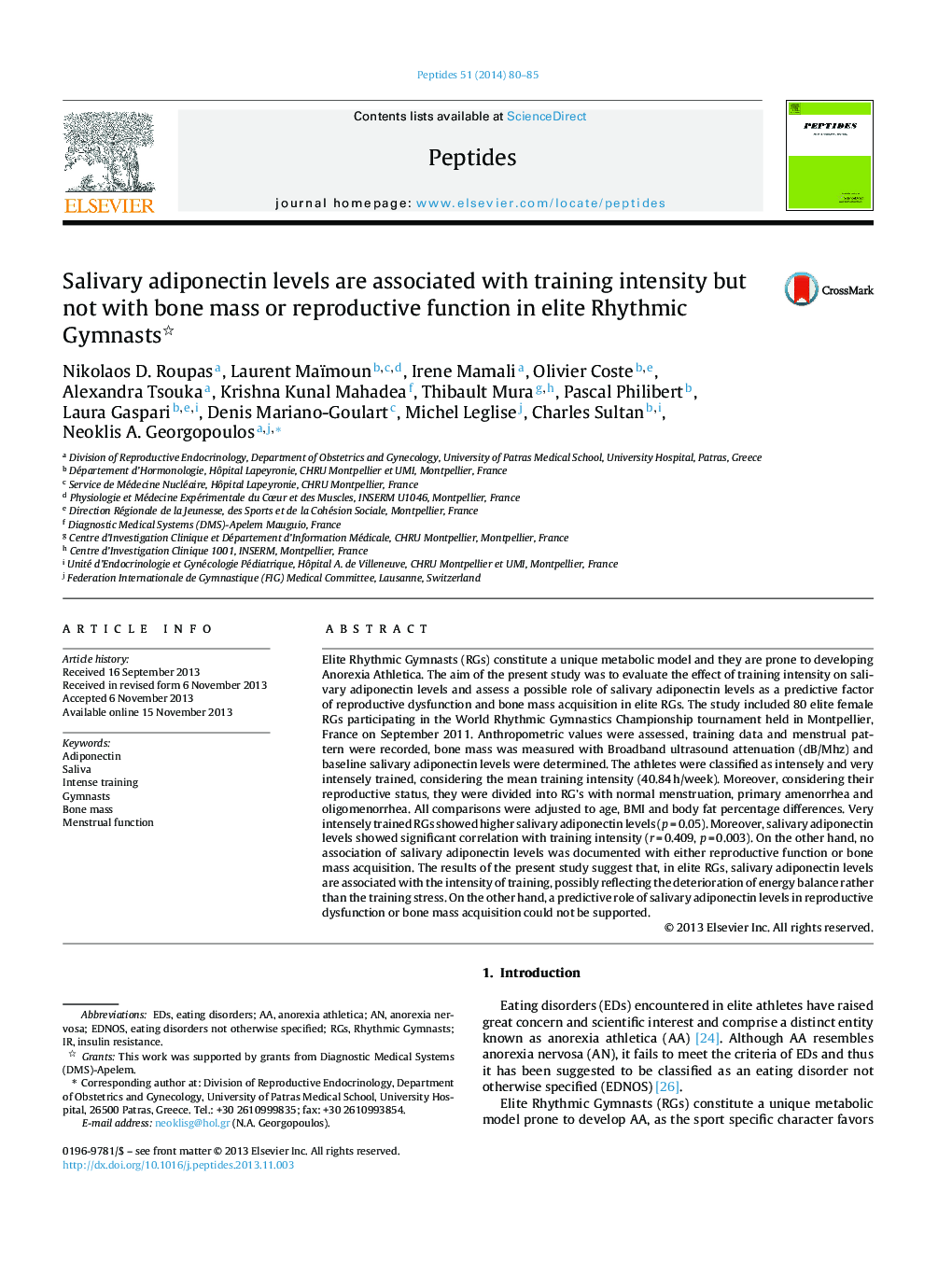 Salivary adiponectin levels are associated with training intensity but not with bone mass or reproductive function in elite Rhythmic Gymnasts