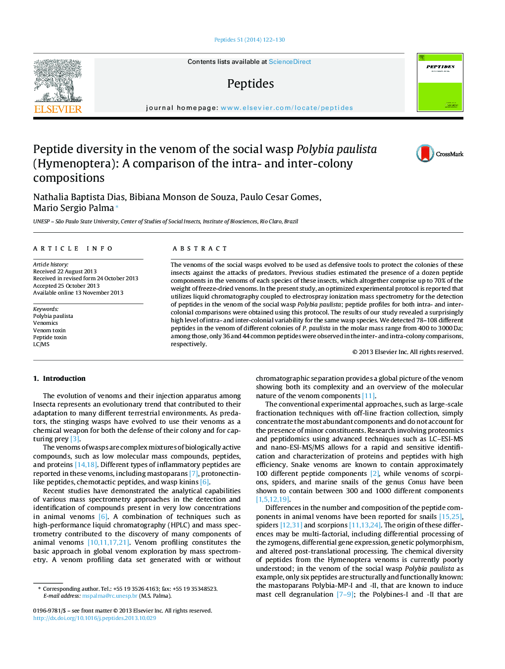 Peptide diversity in the venom of the social wasp Polybia paulista (Hymenoptera): A comparison of the intra- and inter-colony compositions