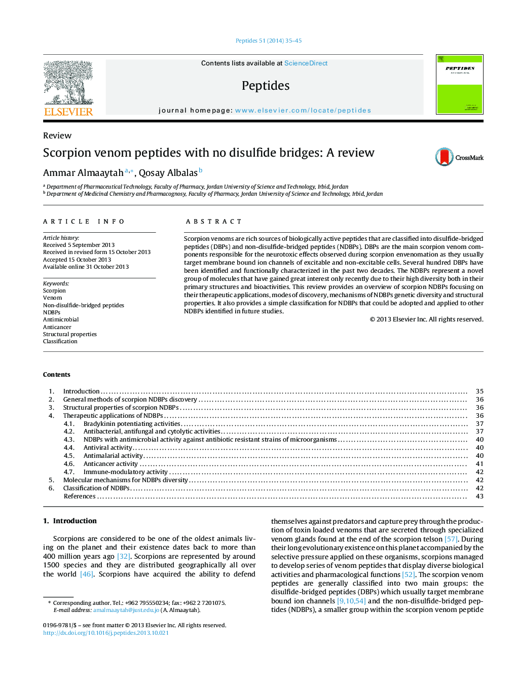 Scorpion venom peptides with no disulfide bridges: A review