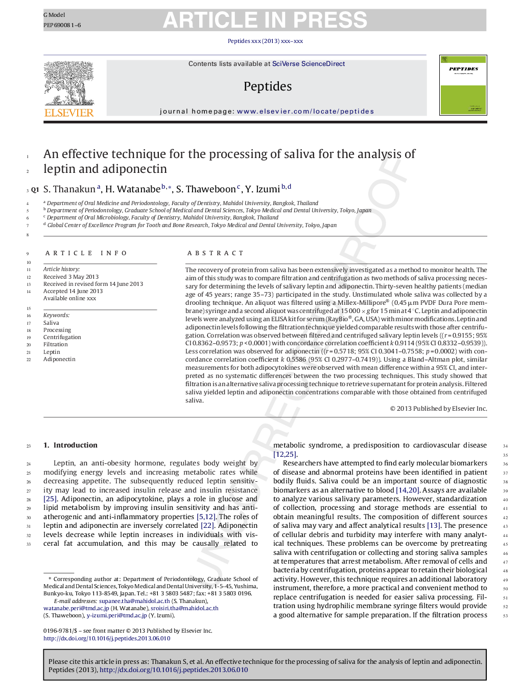 An effective technique for the processing of saliva for the analysis of leptin and adiponectin