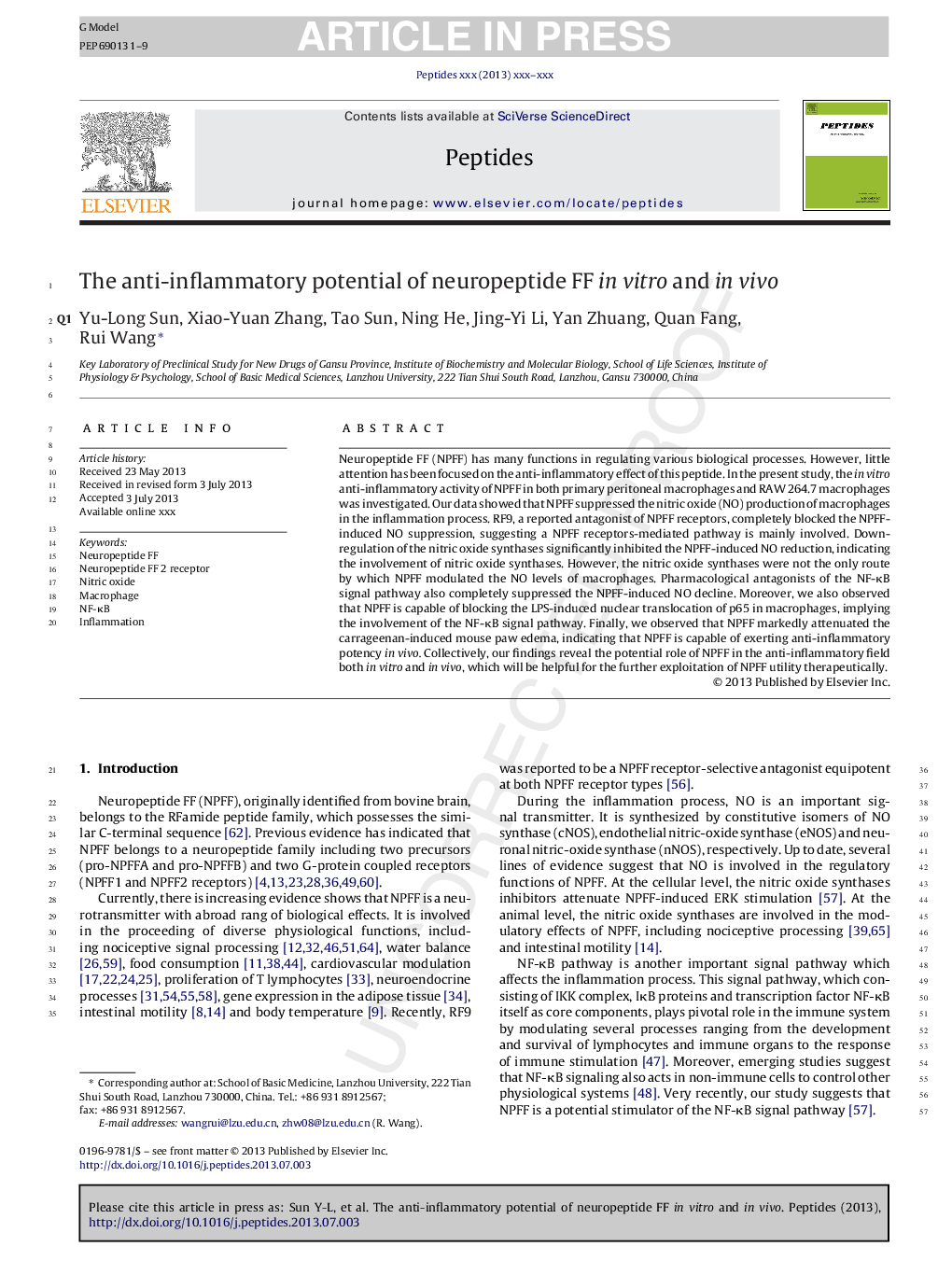 The anti-inflammatory potential of neuropeptide FF in vitro and in vivo