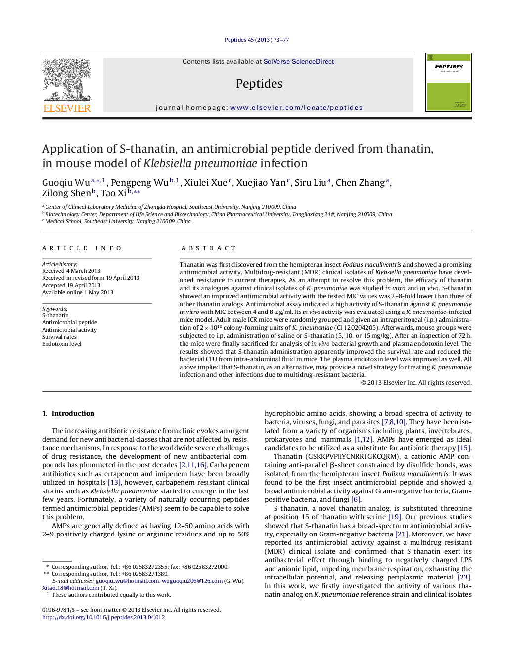 Application of S-thanatin, an antimicrobial peptide derived from thanatin, in mouse model of Klebsiella pneumoniae infection