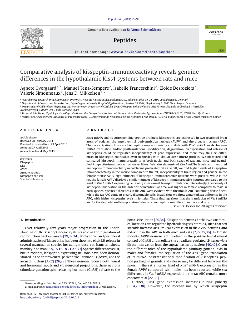 Comparative analysis of kisspeptin-immunoreactivity reveals genuine differences in the hypothalamic Kiss1 systems between rats and mice