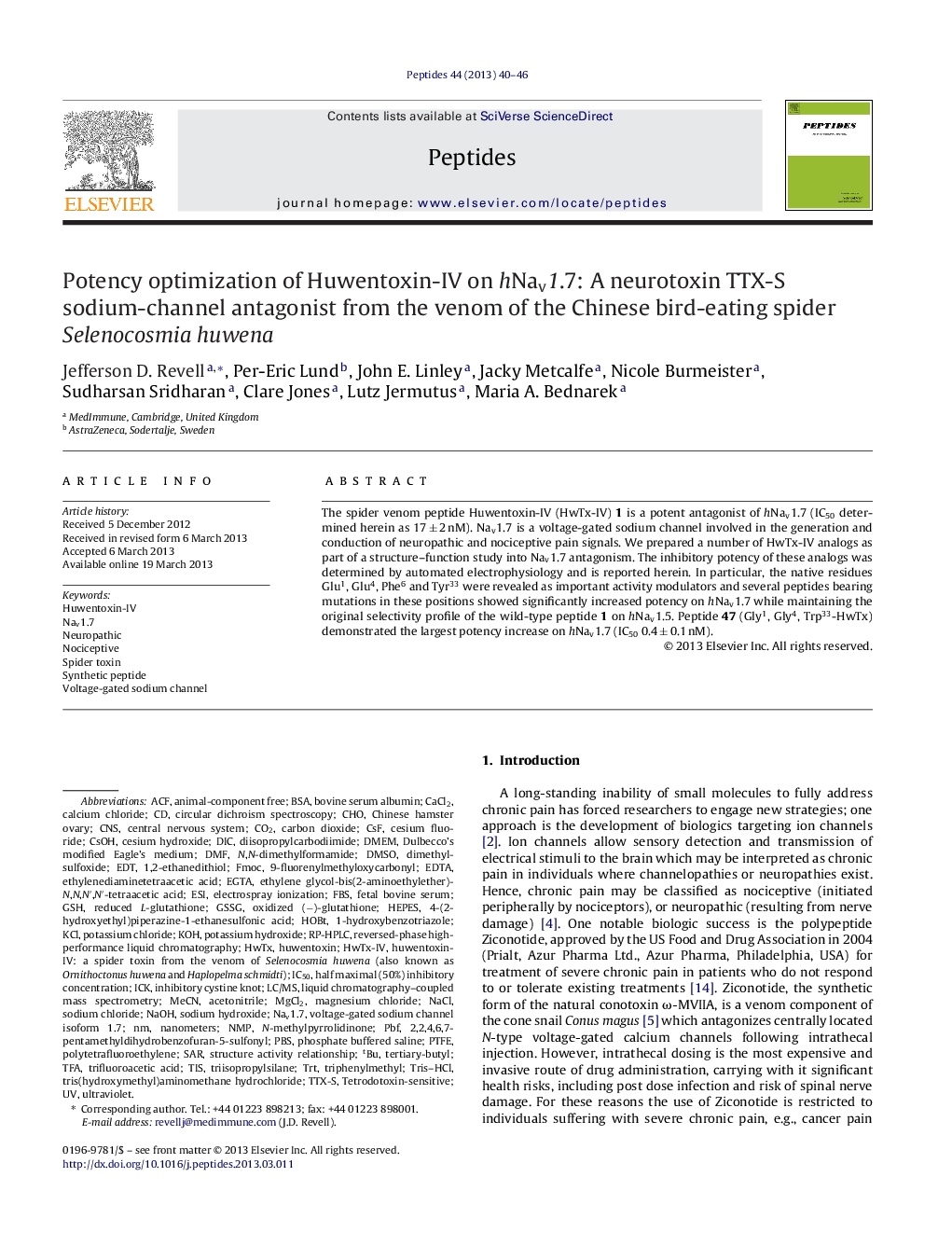 Potency optimization of Huwentoxin-IV on hNav1.7: A neurotoxin TTX-S sodium-channel antagonist from the venom of the Chinese bird-eating spider Selenocosmia huwena