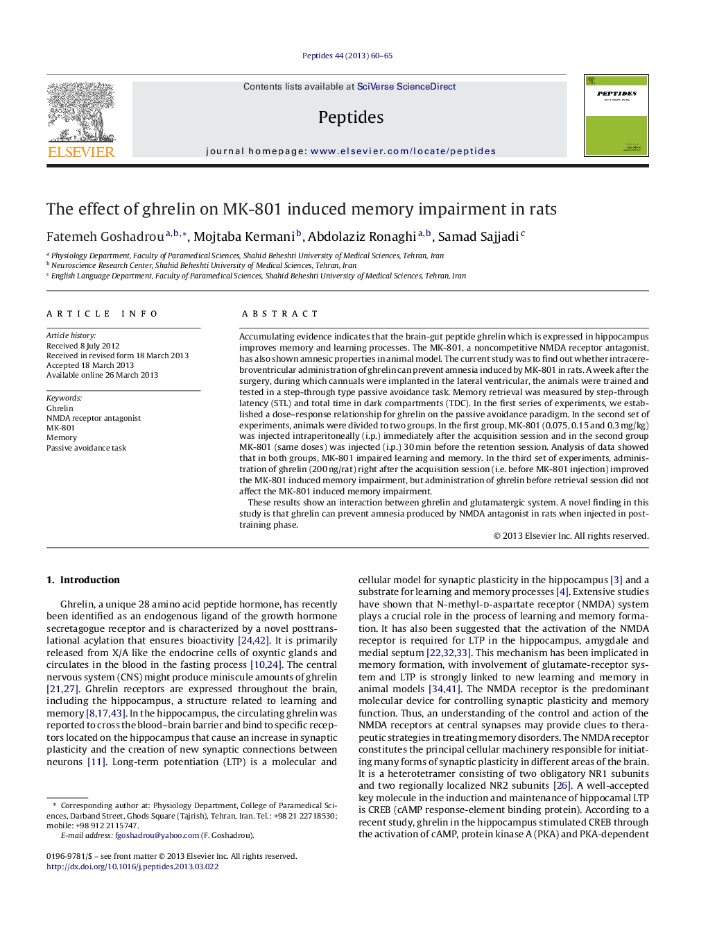 The effect of ghrelin on MK-801 induced memory impairment in rats