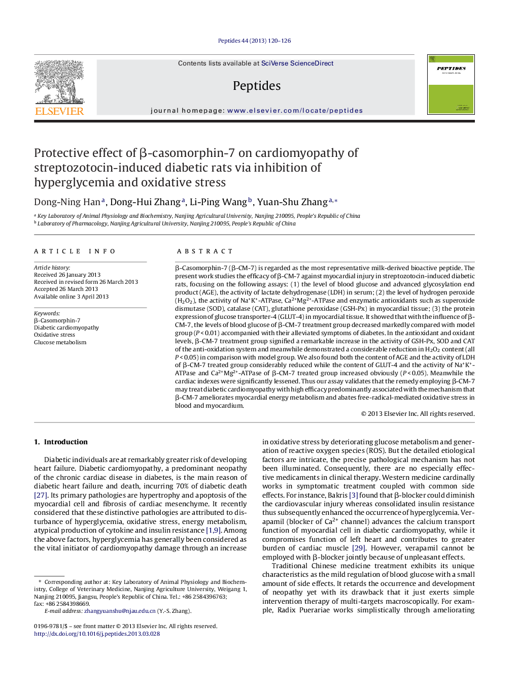 Protective effect of Î²-casomorphin-7 on cardiomyopathy of streptozotocin-induced diabetic rats via inhibition of hyperglycemia and oxidative stress