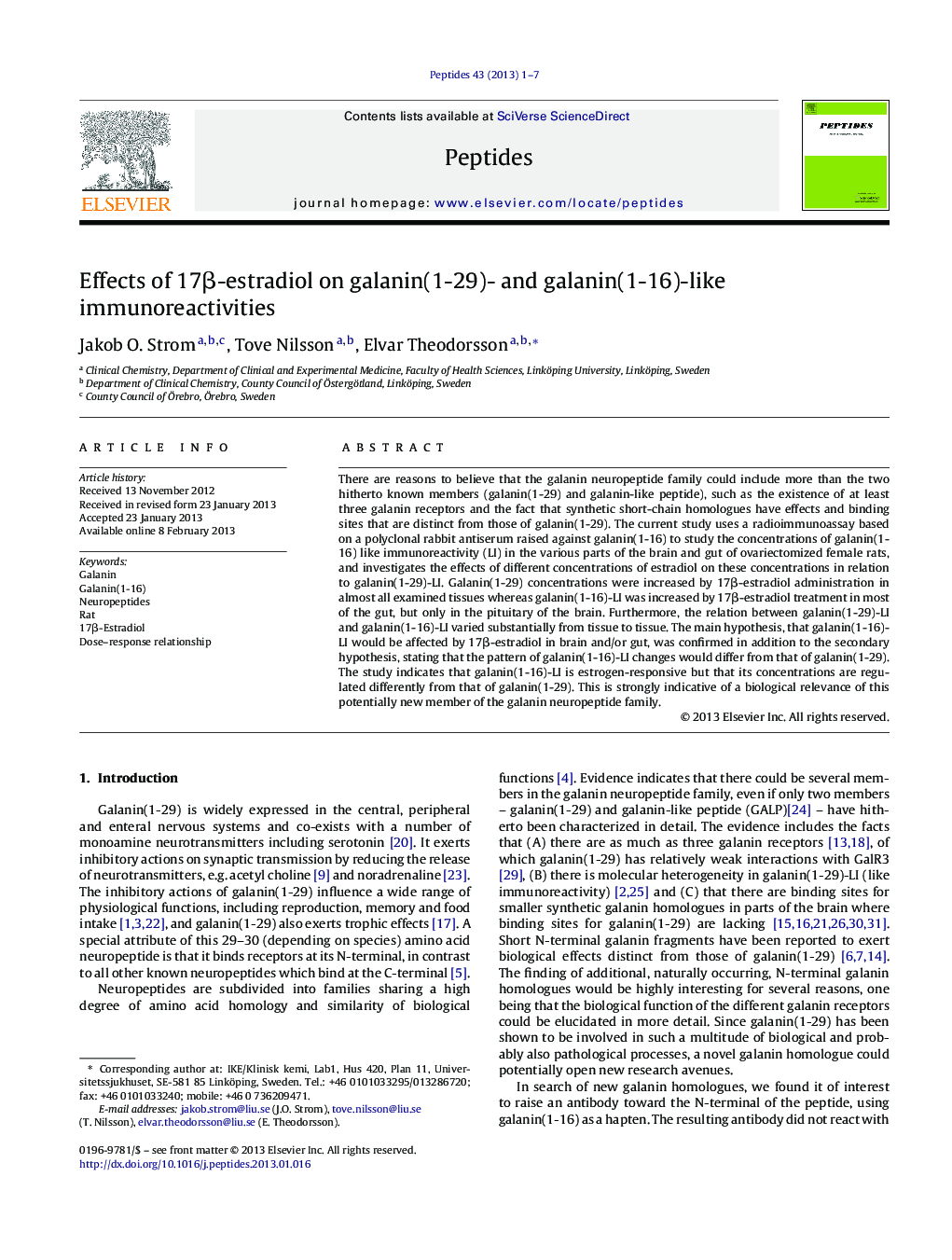 Effects of 17Î²-estradiol on galanin(1-29)- and galanin(1-16)-like immunoreactivities