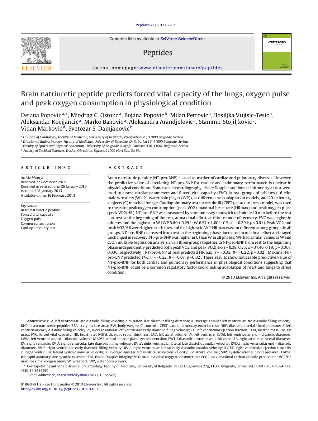 Brain natriuretic peptide predicts forced vital capacity of the lungs, oxygen pulse and peak oxygen consumption in physiological condition