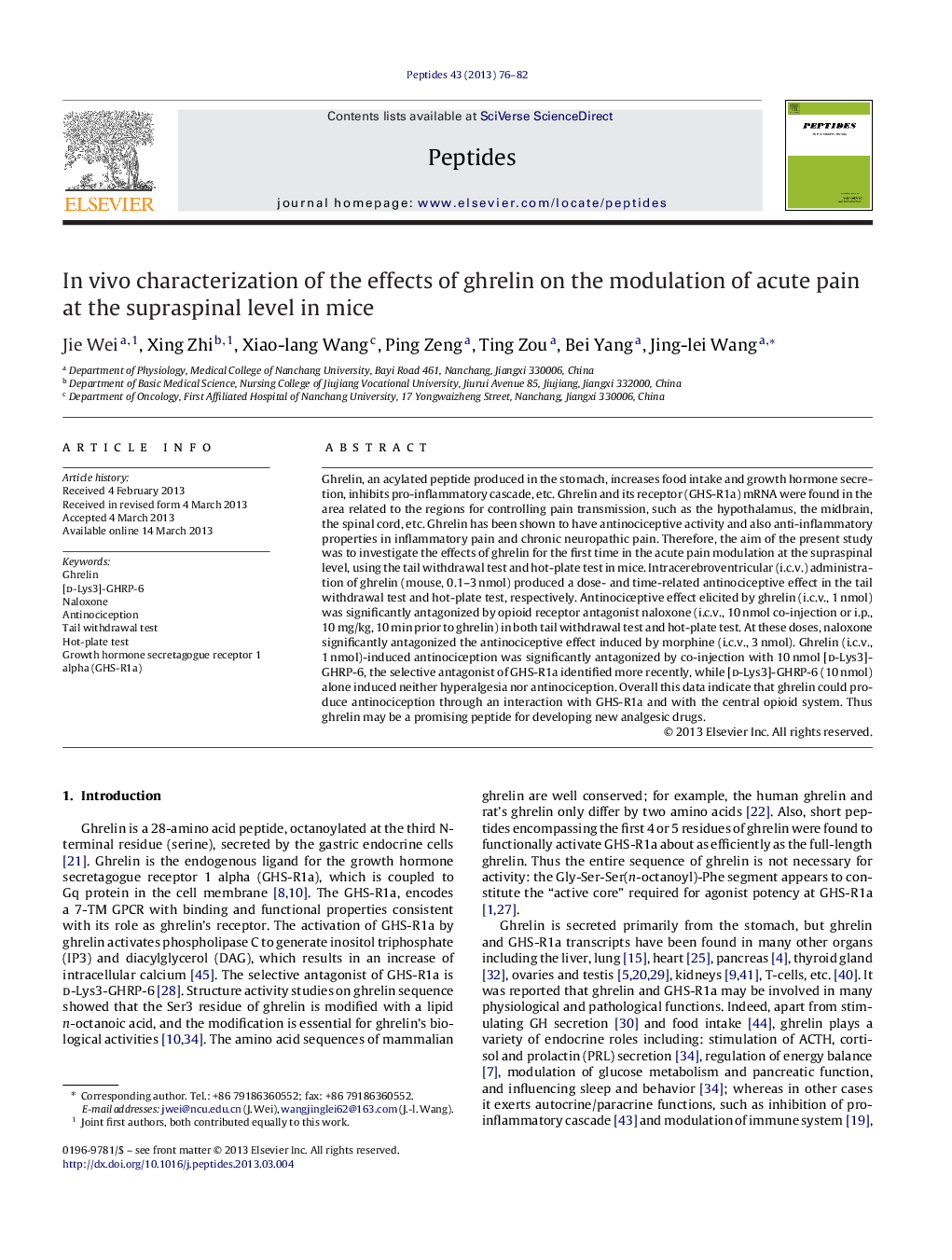 In vivo characterization of the effects of ghrelin on the modulation of acute pain at the supraspinal level in mice