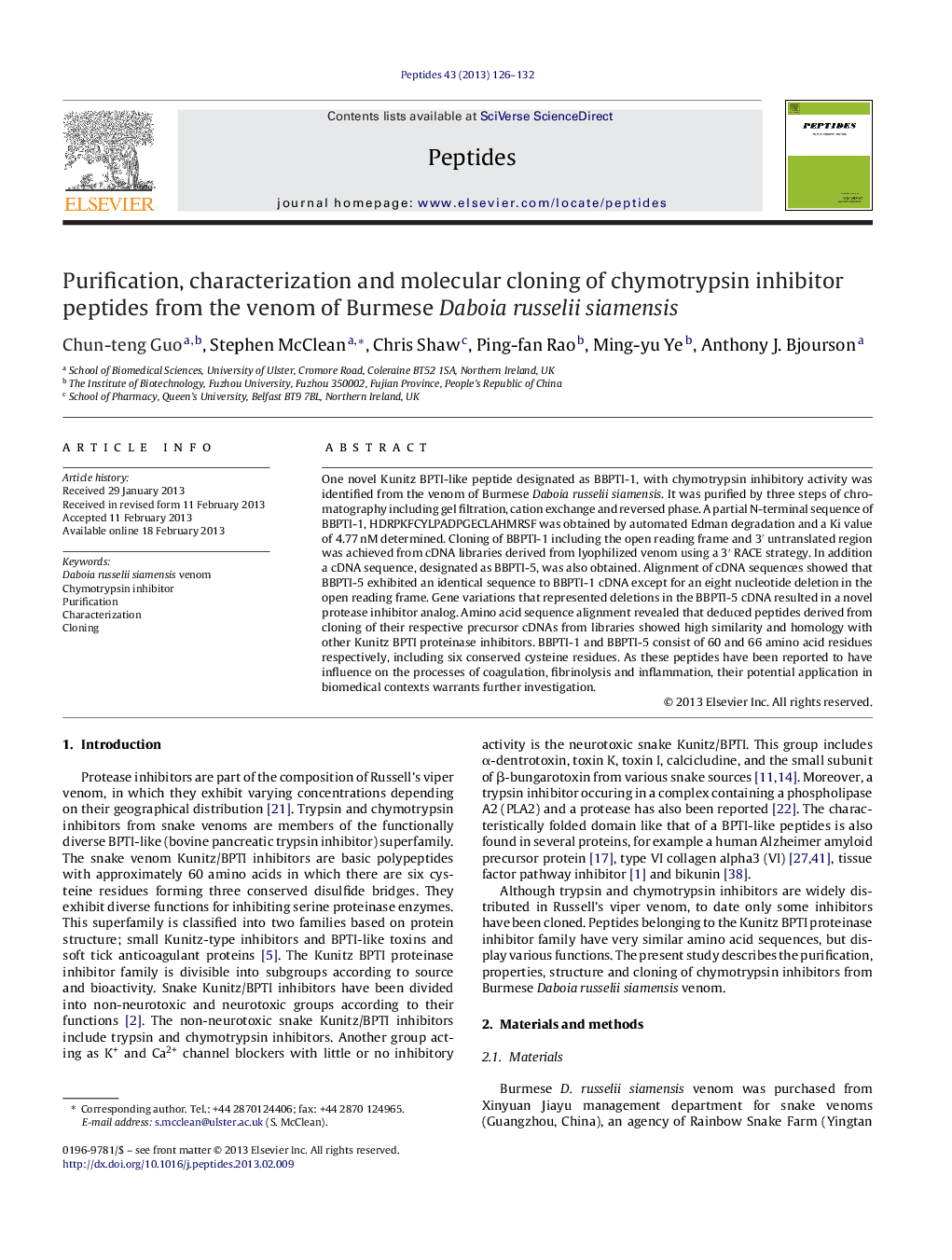 Purification, characterization and molecular cloning of chymotrypsin inhibitor peptides from the venom of Burmese Daboia russelii siamensis