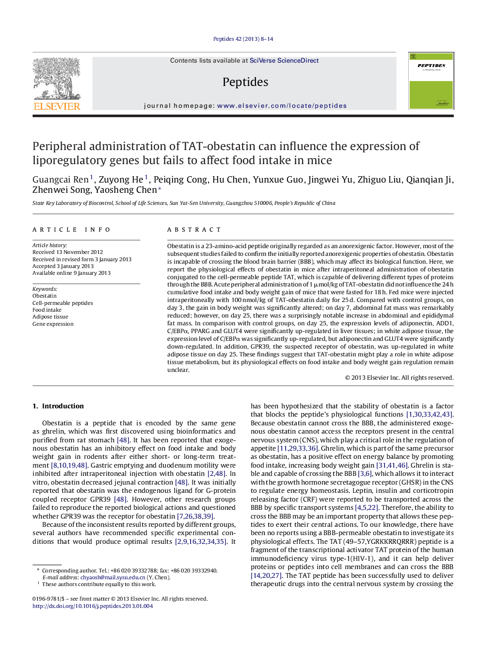 Peripheral administration of TAT-obestatin can influence the expression of liporegulatory genes but fails to affect food intake in mice