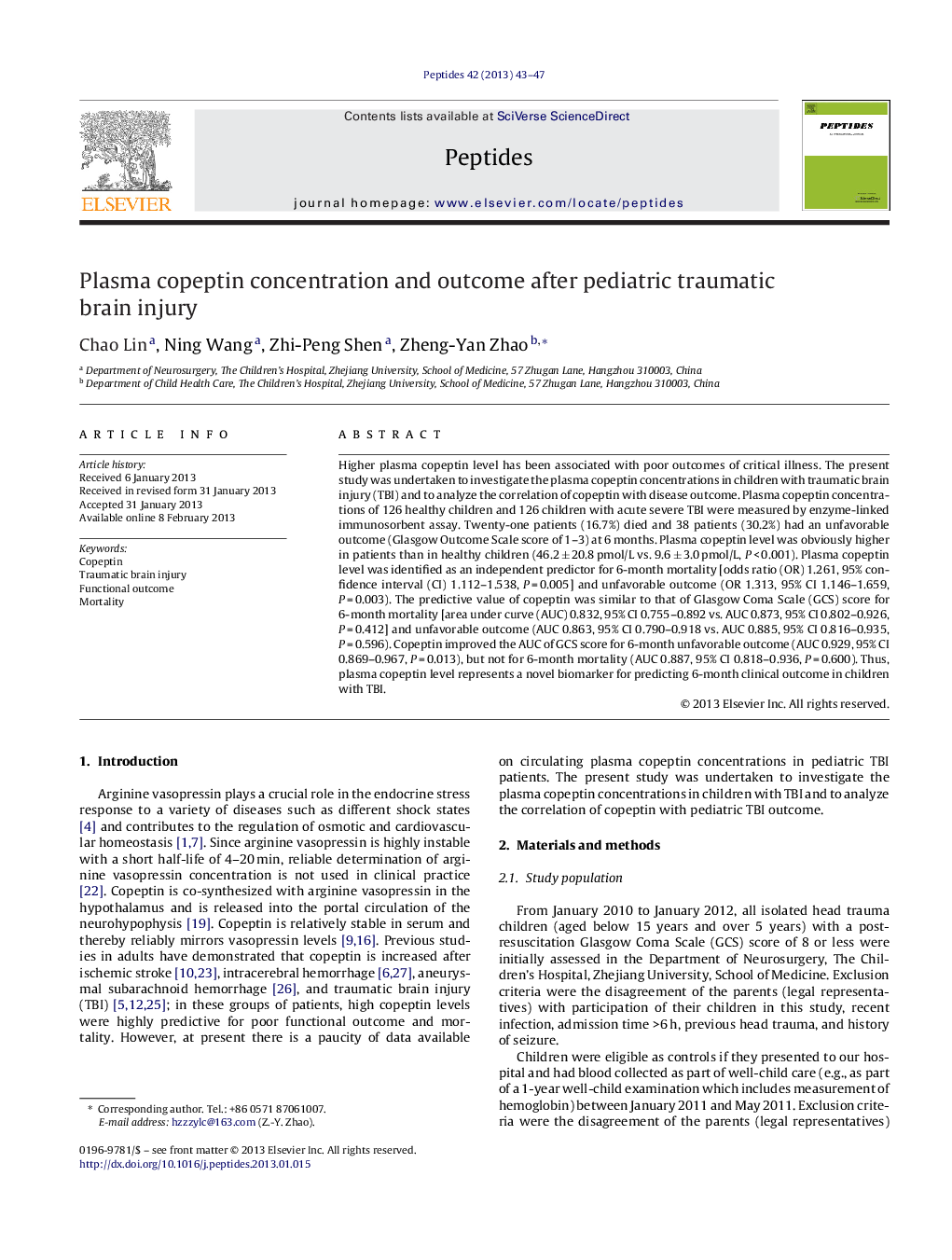 Plasma copeptin concentration and outcome after pediatric traumatic brain injury