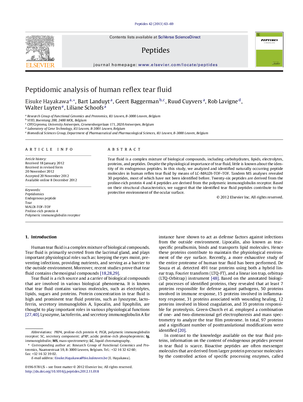 Peptidomic analysis of human reflex tear fluid