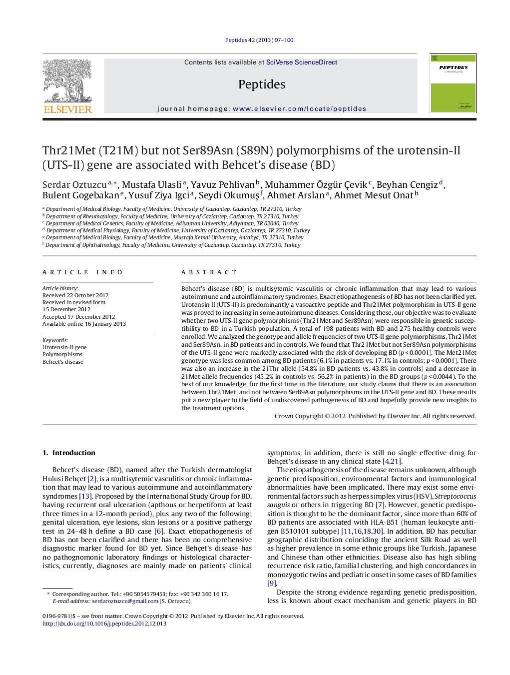 Thr21Met (T21M) but not Ser89Asn (S89N) polymorphisms of the urotensin-II (UTS-II) gene are associated with Behcet's disease (BD)