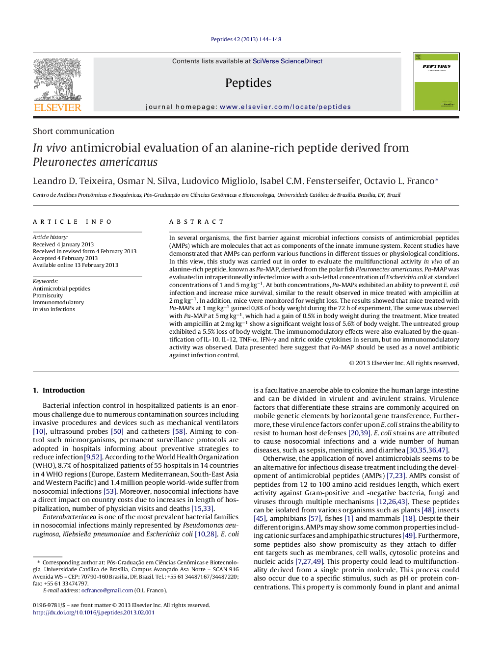 In vivo antimicrobial evaluation of an alanine-rich peptide derived from Pleuronectes americanus