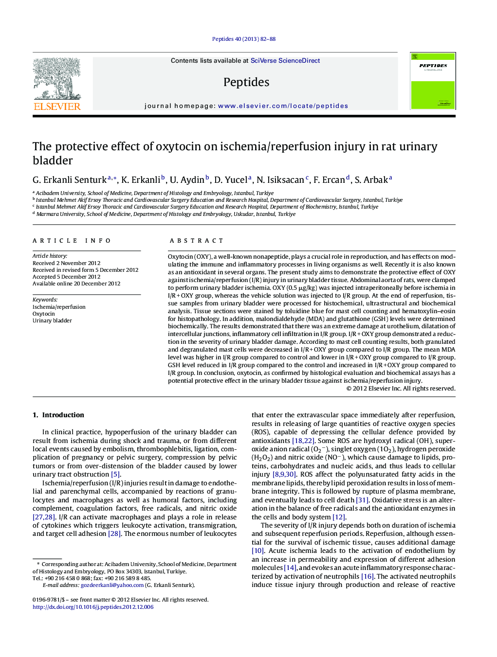 The protective effect of oxytocin on ischemia/reperfusion injury in rat urinary bladder