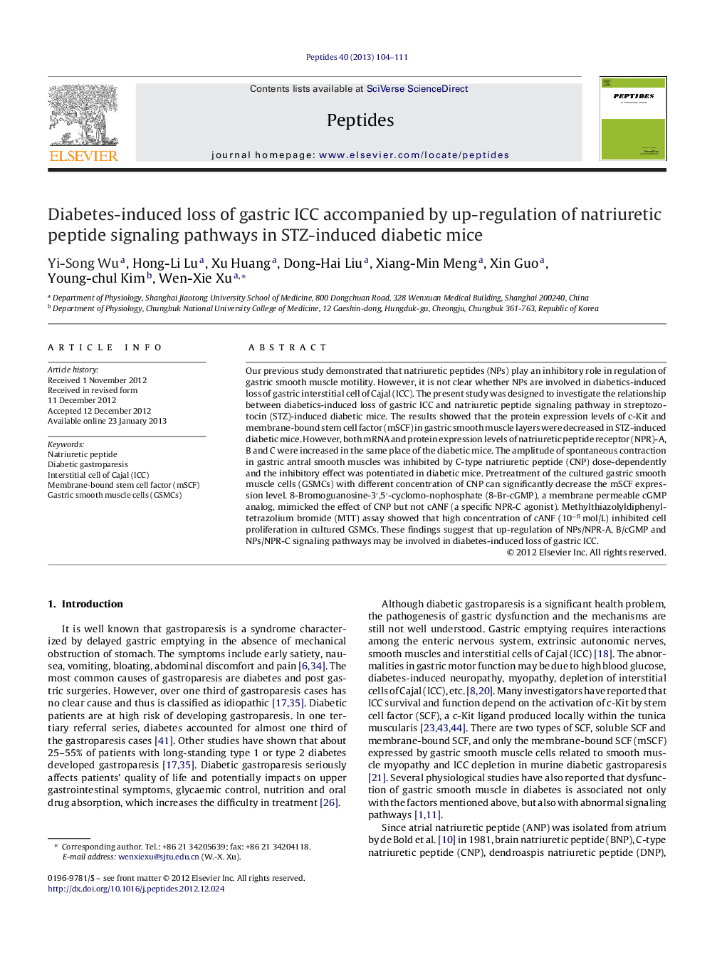 Diabetes-induced loss of gastric ICC accompanied by up-regulation of natriuretic peptide signaling pathways in STZ-induced diabetic mice