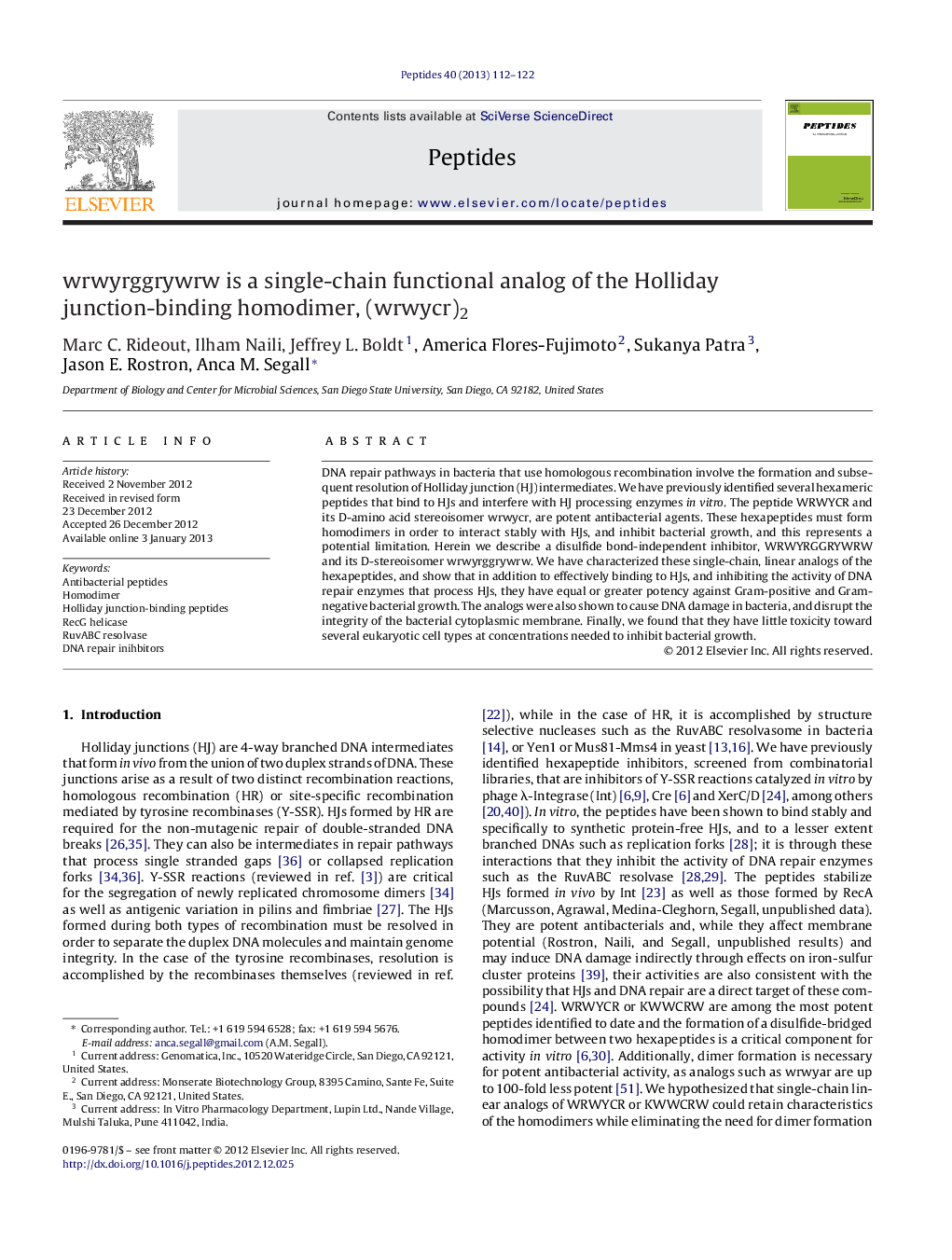 wrwyrggrywrw is a single-chain functional analog of the Holliday junction-binding homodimer, (wrwycr)2