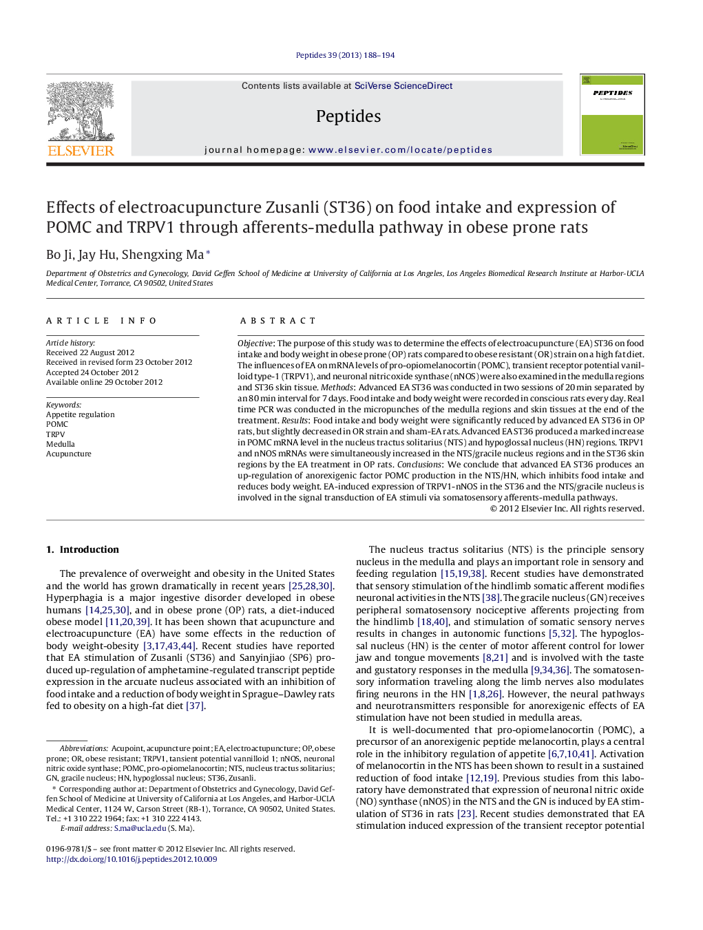 Effects of electroacupuncture Zusanli (ST36) on food intake and expression of POMC and TRPV1 through afferents-medulla pathway in obese prone rats