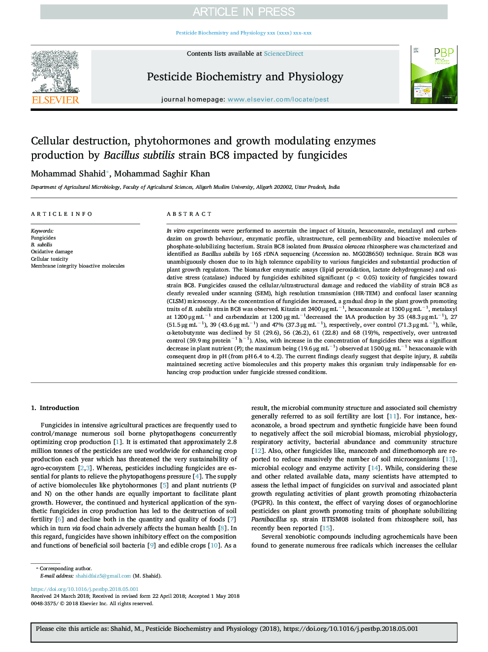 Cellular destruction, phytohormones and growth modulating enzymes production by Bacillus subtilis strain BC8 impacted by fungicides