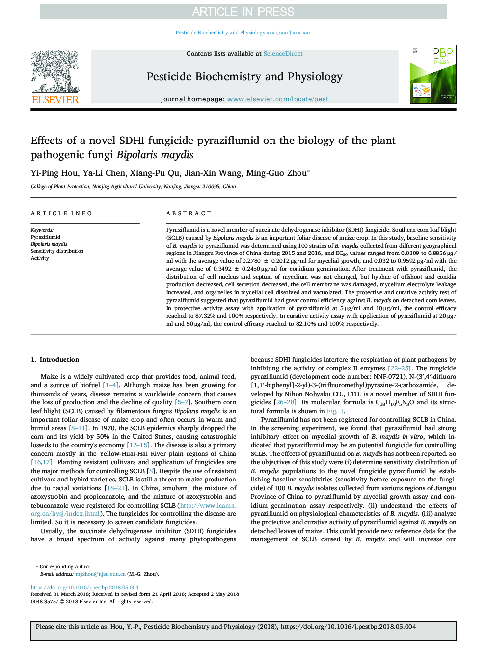Effects of a novel SDHI fungicide pyraziflumid on the biology of the plant pathogenic fungi Bipolaris maydis