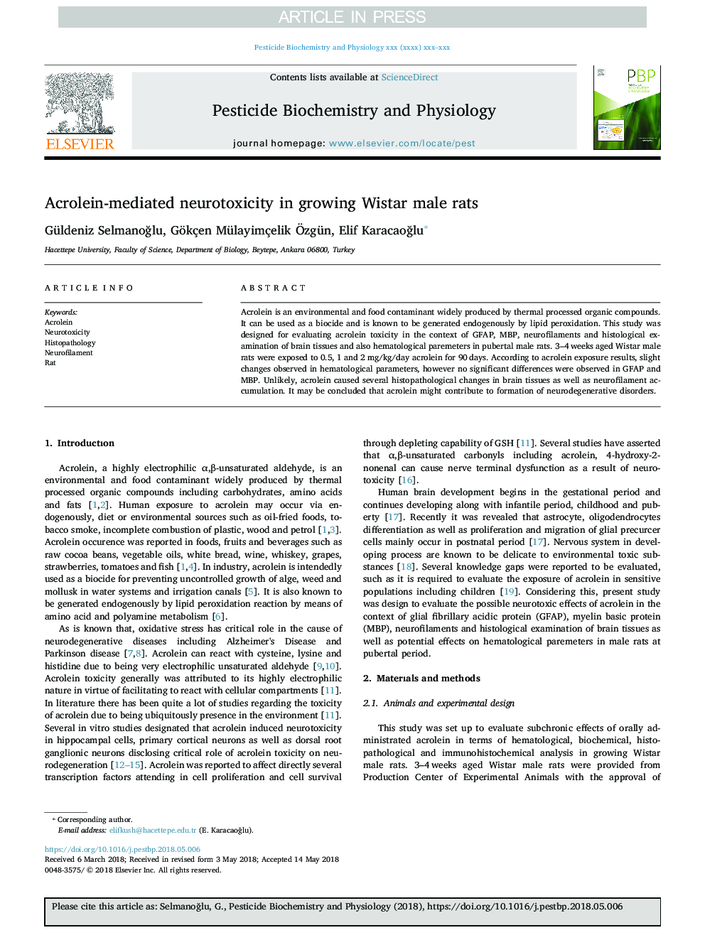 Acrolein-mediated neurotoxicity in growing Wistar male rats