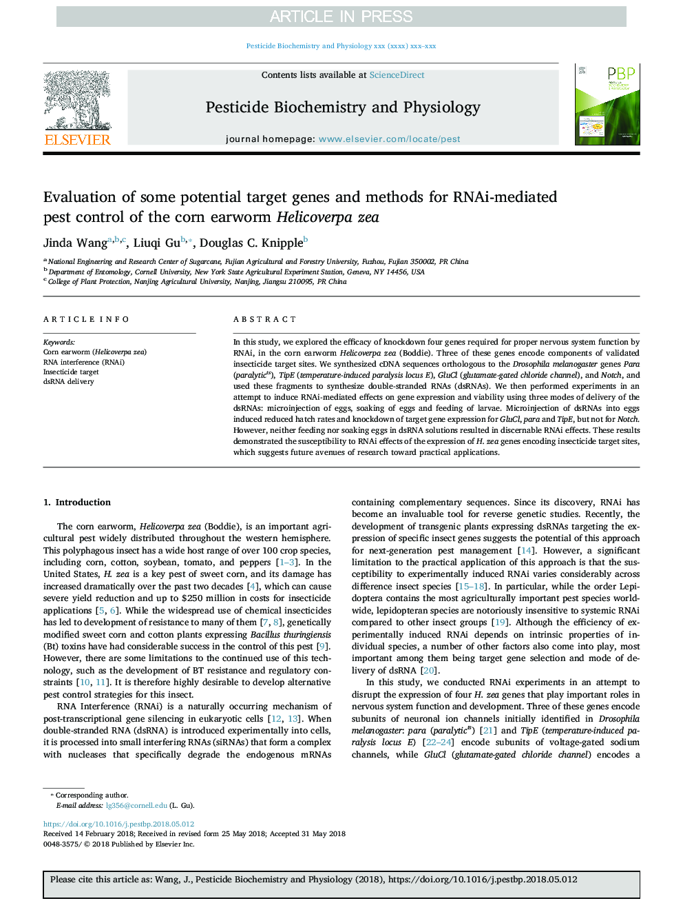 Evaluation of some potential target genes and methods for RNAi-mediated pest control of the corn earworm Helicoverpa zea