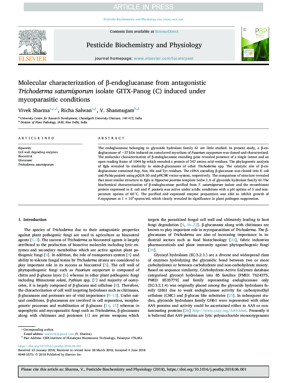 Molecular characterization of Î²-endoglucanase from antagonistic Trichoderma saturnisporum isolate GITX-Panog (C) induced under mycoparasitic conditions